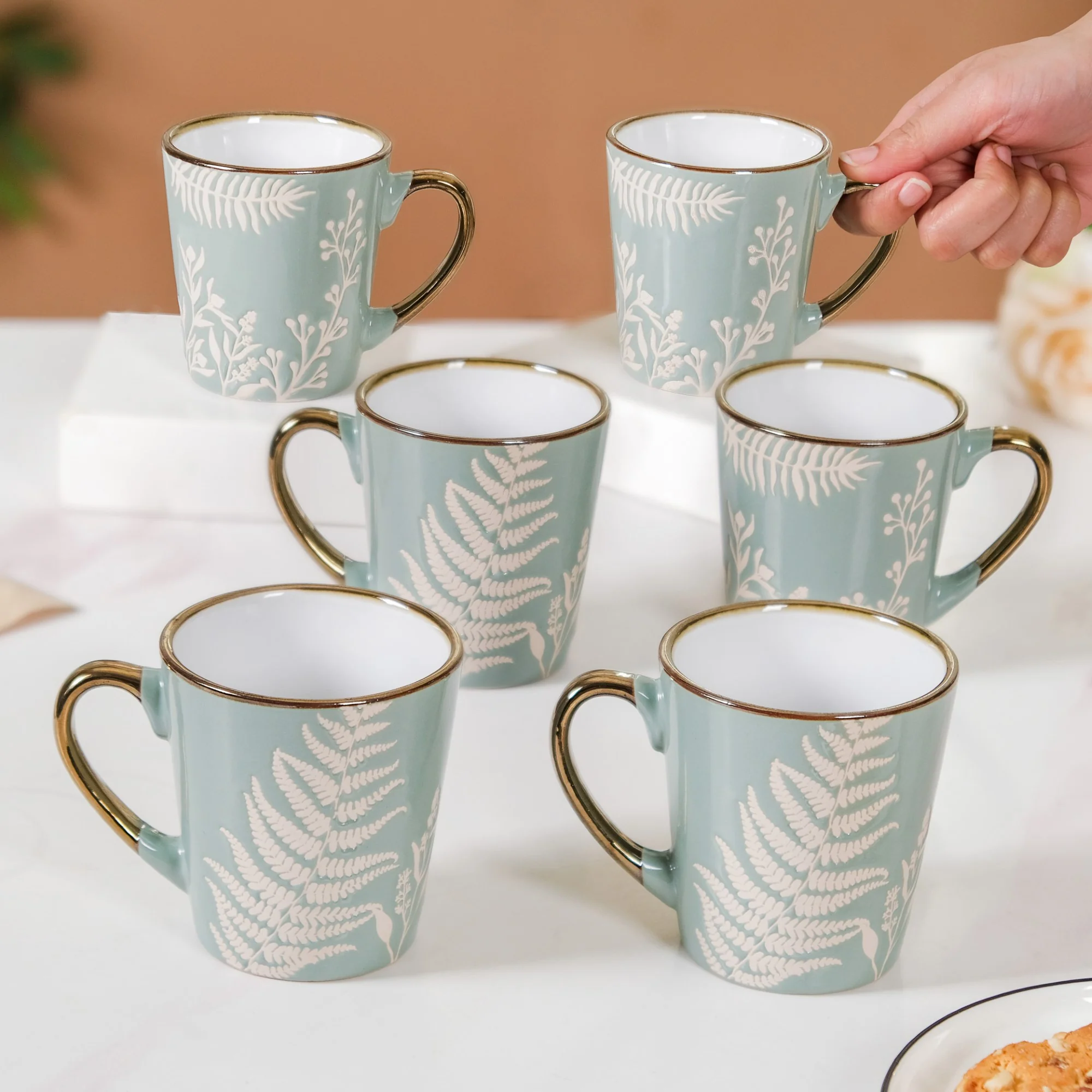 Floral Coffee Mug Set of 6 Sage Blue 200ml - Image 5