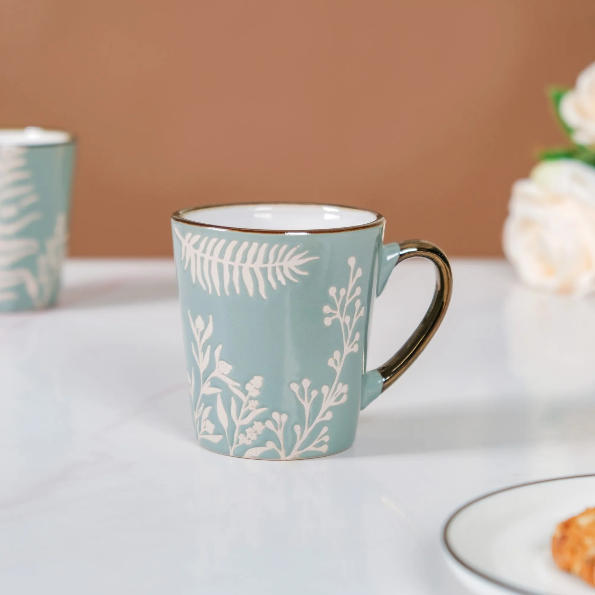 Floral Coffee Mug Set of 6 Sage Blue 200ml - Image 6