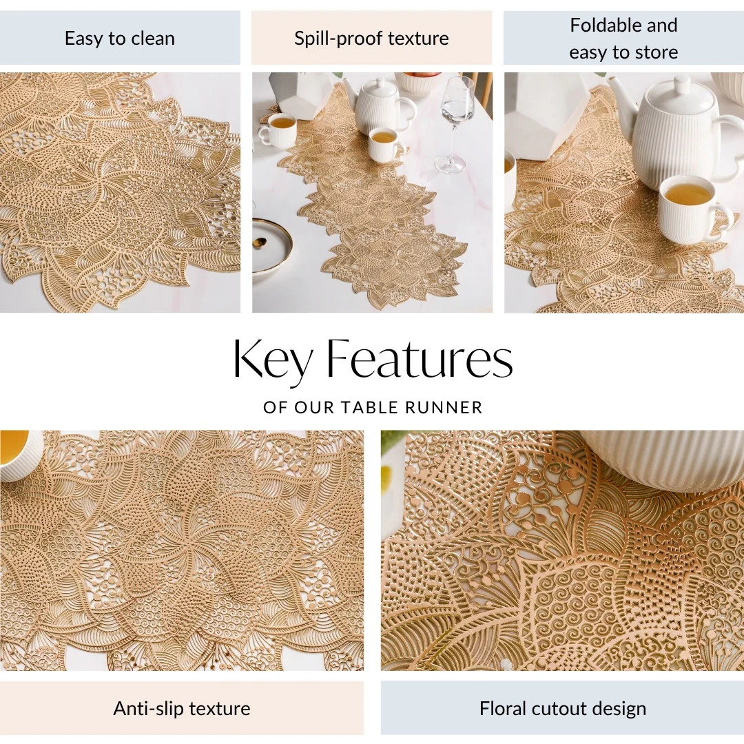 Floral Cutwork Table Runner Gold 90x35cm - Image 3