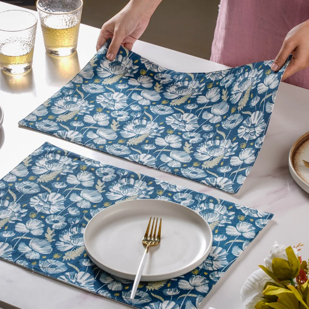 Floral Dining Cotton Printed Table Mat Royal Blue Set Of 2 - Image 2