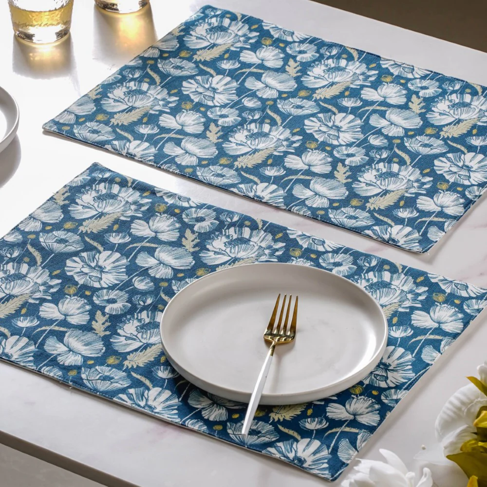 Floral Dining Cotton Printed Table Mat Royal Blue Set Of 2 - Image 4