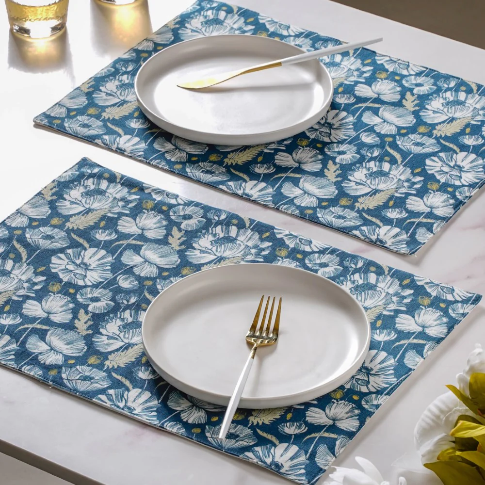 Floral Dining Cotton Printed Table Mat Royal Blue Set Of 2 - Image 9
