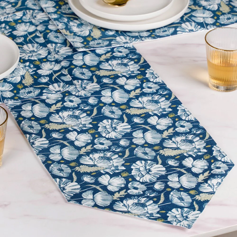 Floral Dining Cotton Printed Table Runner Royal Blue For 6 Seater - Image 3