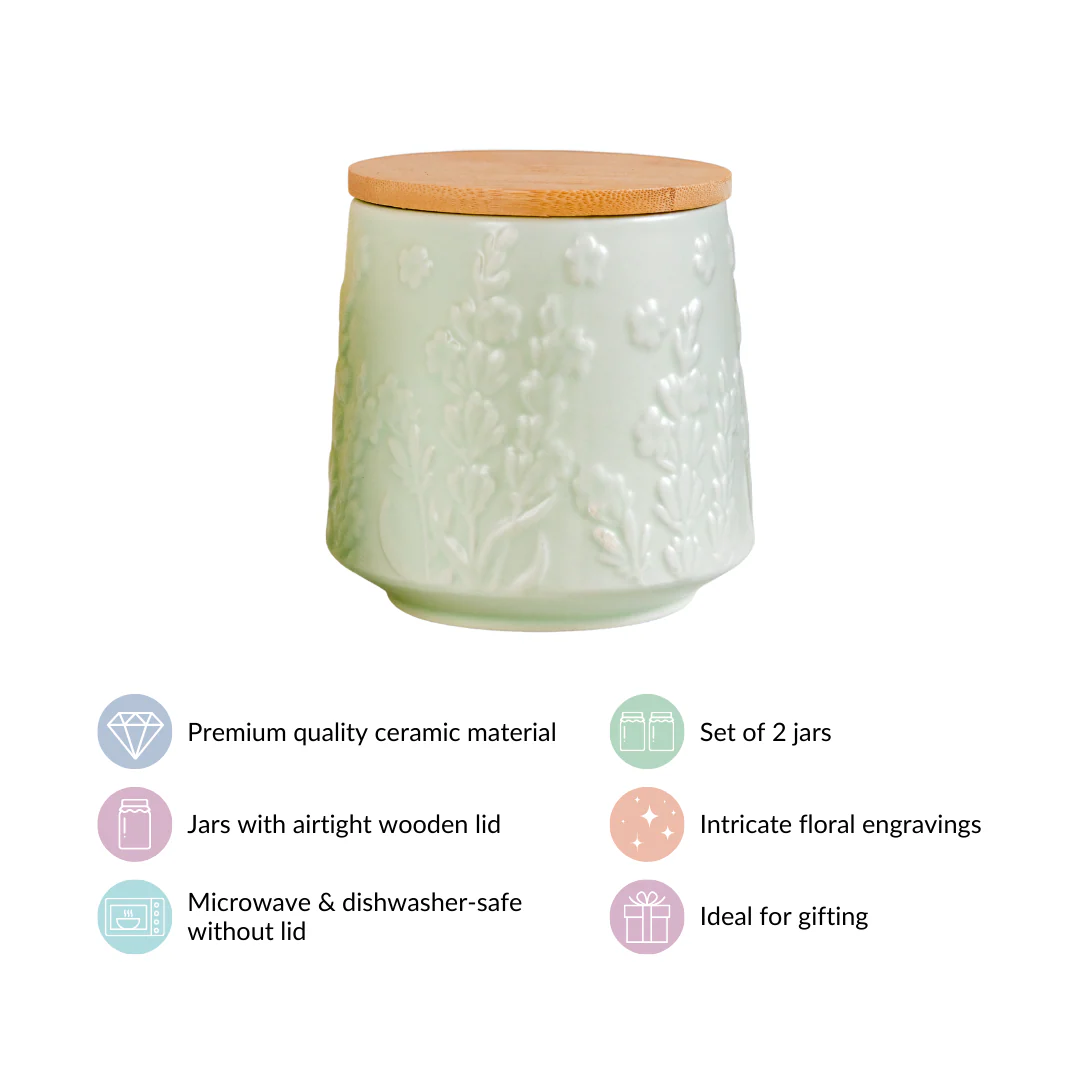 Floral Embossed Ceramic Jar For Storage Set Of 2 Mint Green - Image 4