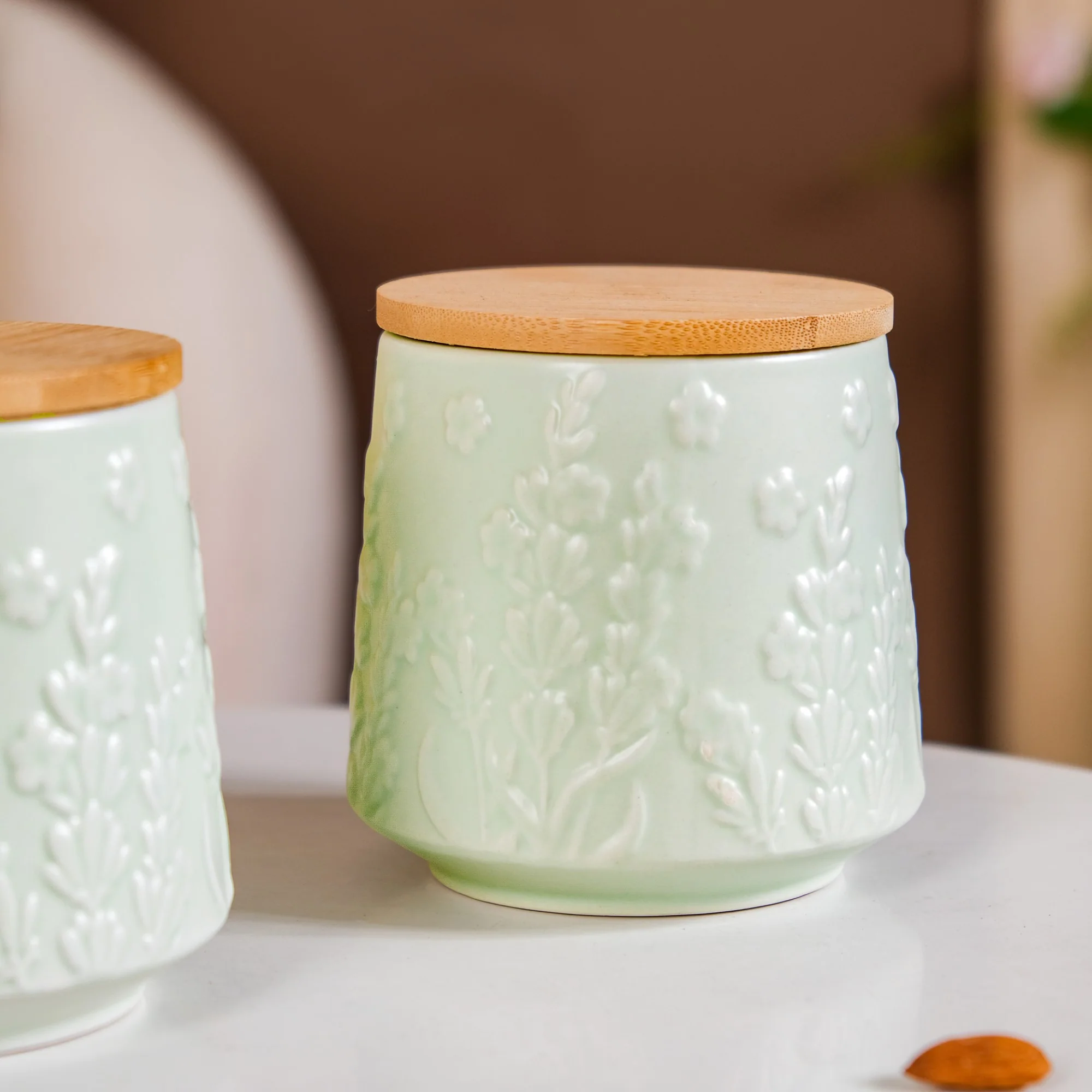 Floral Embossed Ceramic Jar For Storage Set Of 2 Mint Green - Image 6