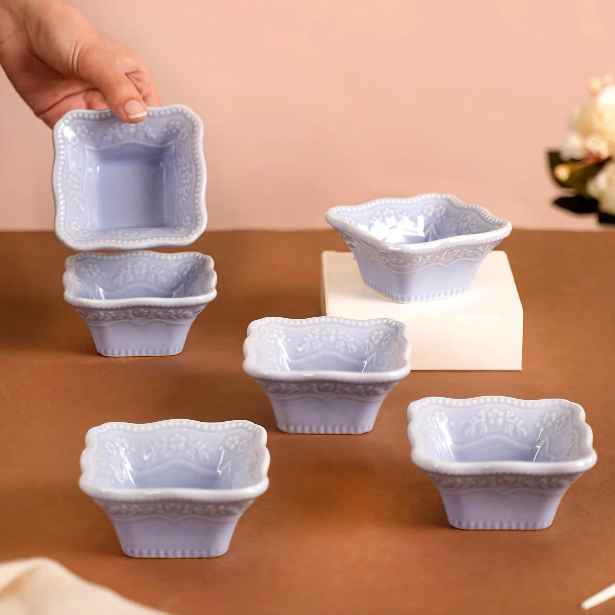 Floral Embossed Small Square Dip Bowl Set Of 6 Lavender 60ml