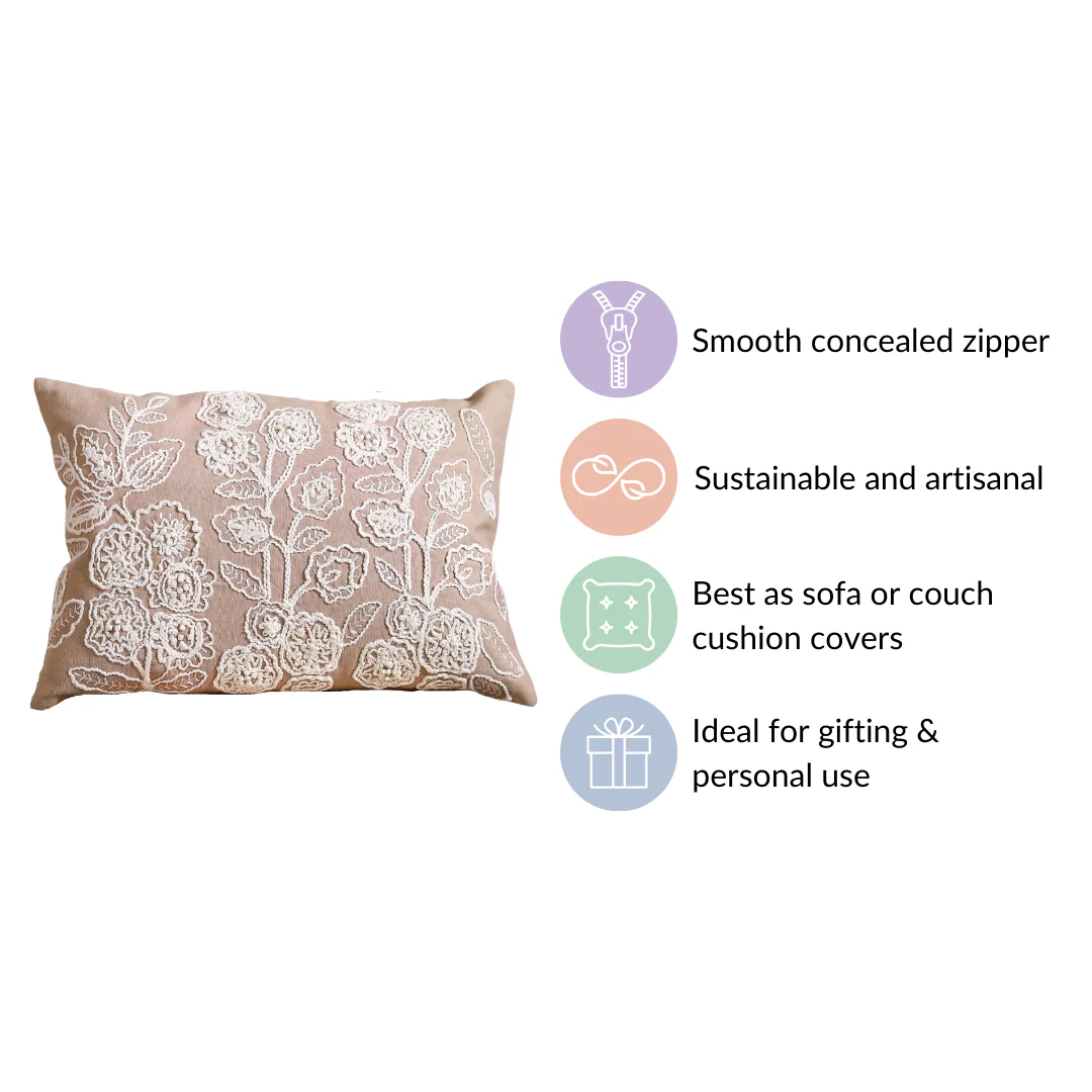 Floral Embroidered Throw Pillow Cover Beige 20x14 Inch - Image 5