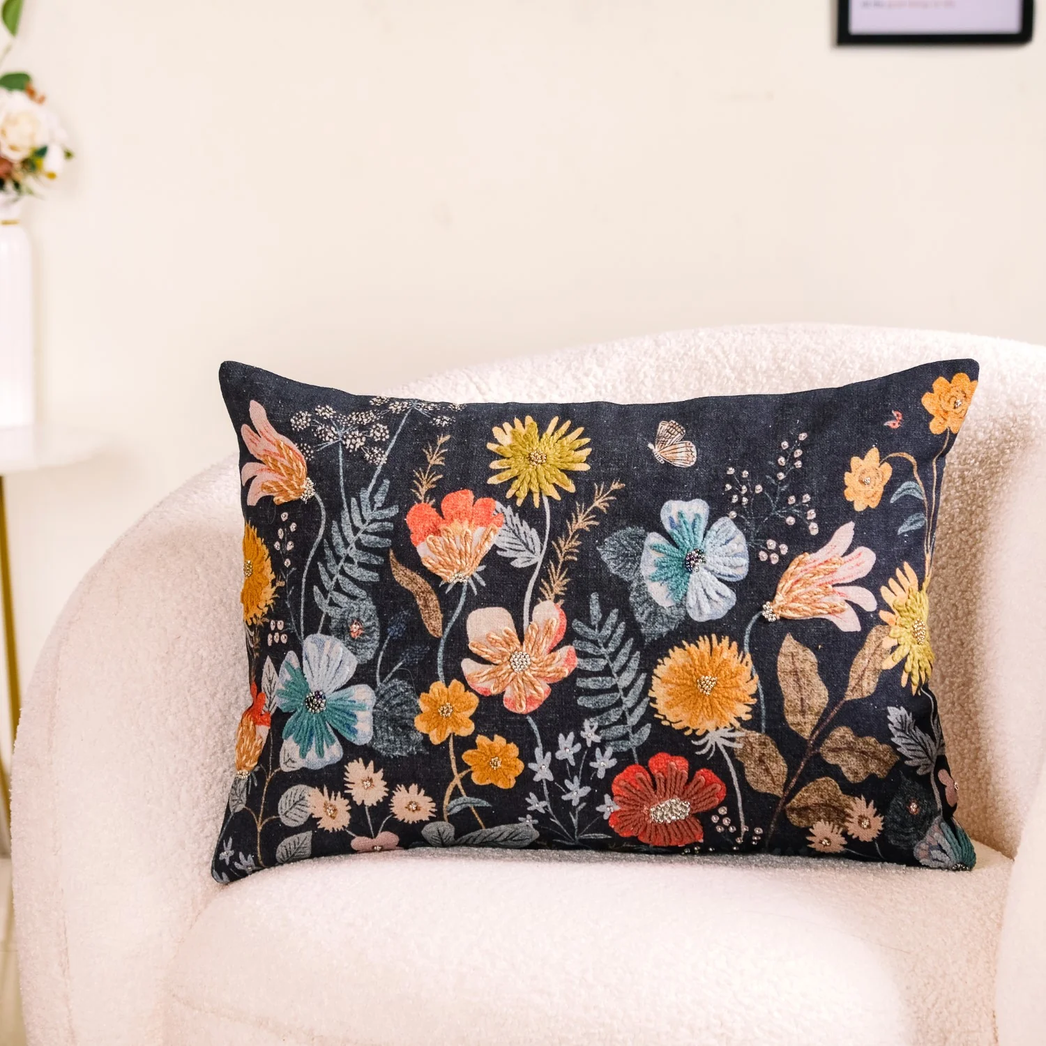 Floral Fantasy Beaded Couch Cushion Cover 20x14 Inch