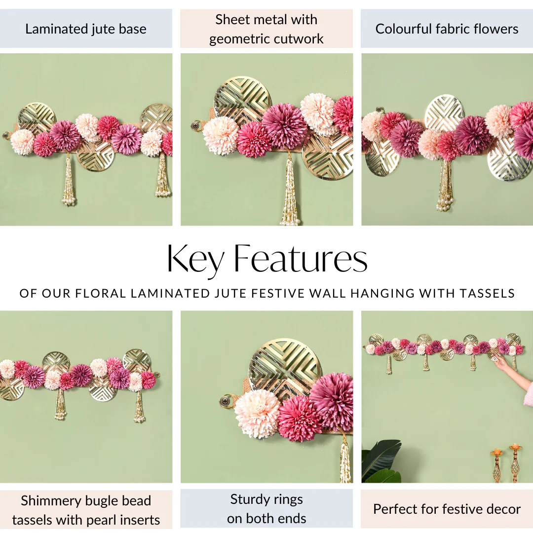 Floral Laminated Jute Festive Wall Hanging With Tassels - Image 5