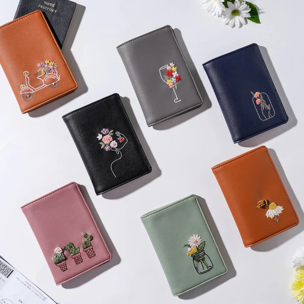 Floral Line Art Embroidered Passport Cover Grey - Image 10