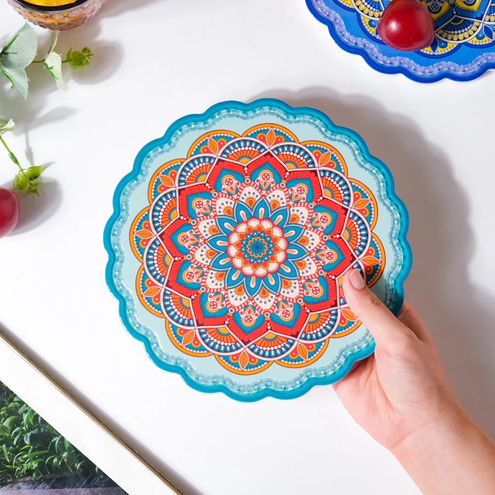 Floral Mandala Ceramic Trivet Blue Orange 8 Inch - Image 3