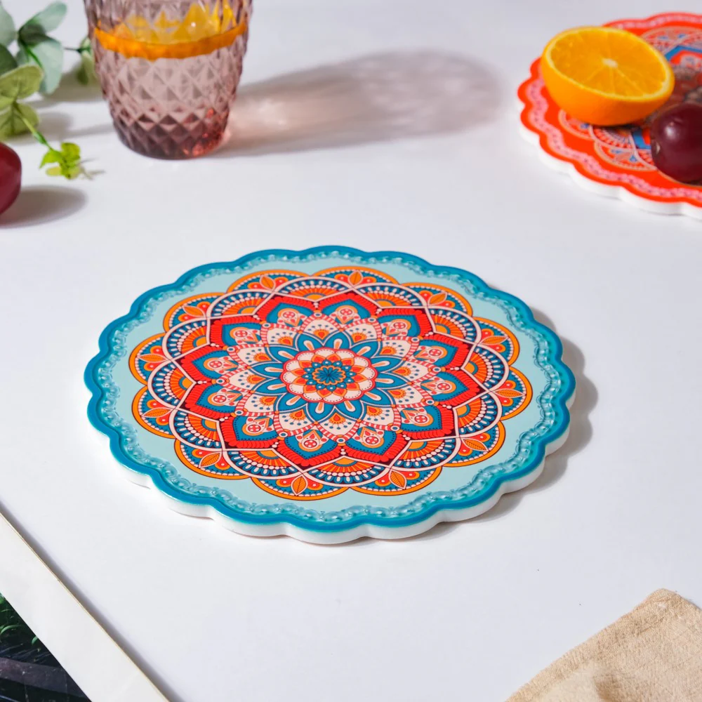 Floral Mandala Ceramic Trivet Blue Orange 8 Inch - Image 4