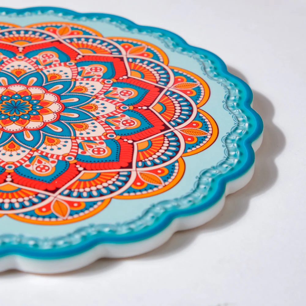 Floral Mandala Ceramic Trivet Blue Orange 8 Inch - Image 6