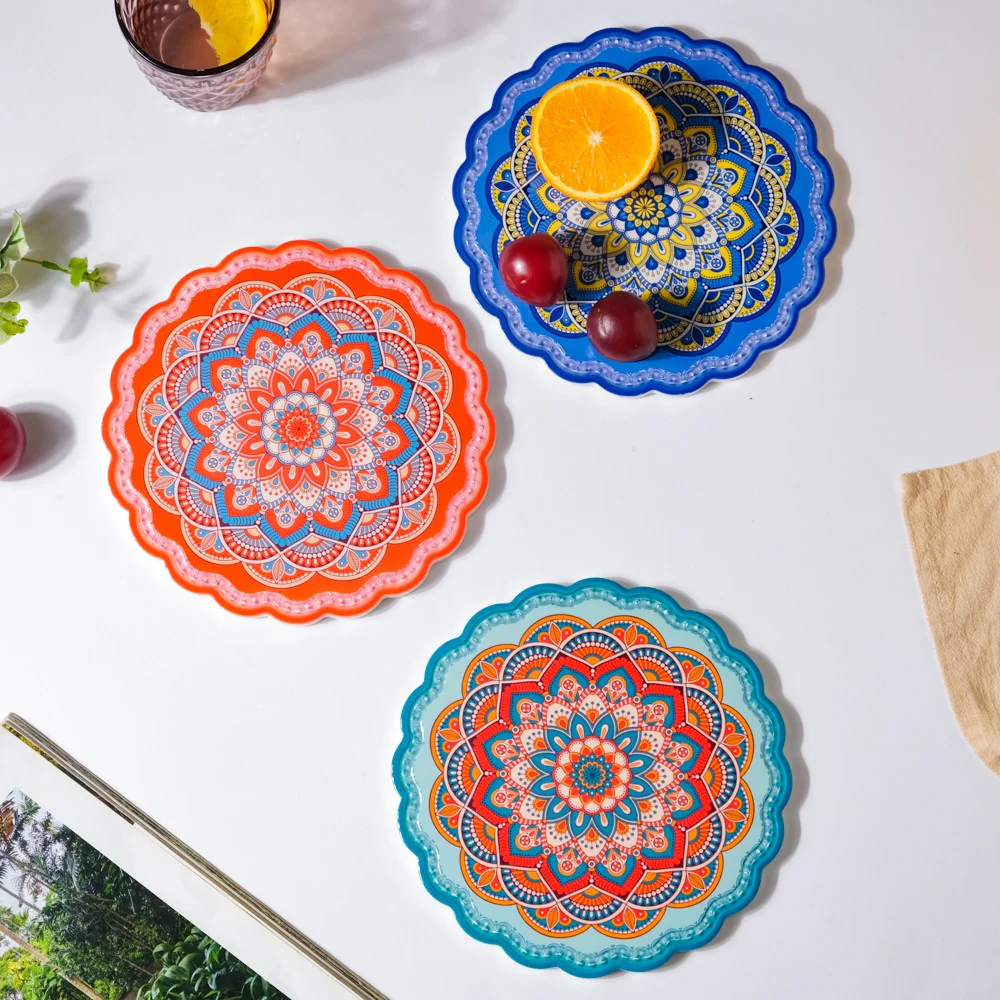 Floral Mandala Ceramic Trivet Blue Orange 8 Inch - Image 8