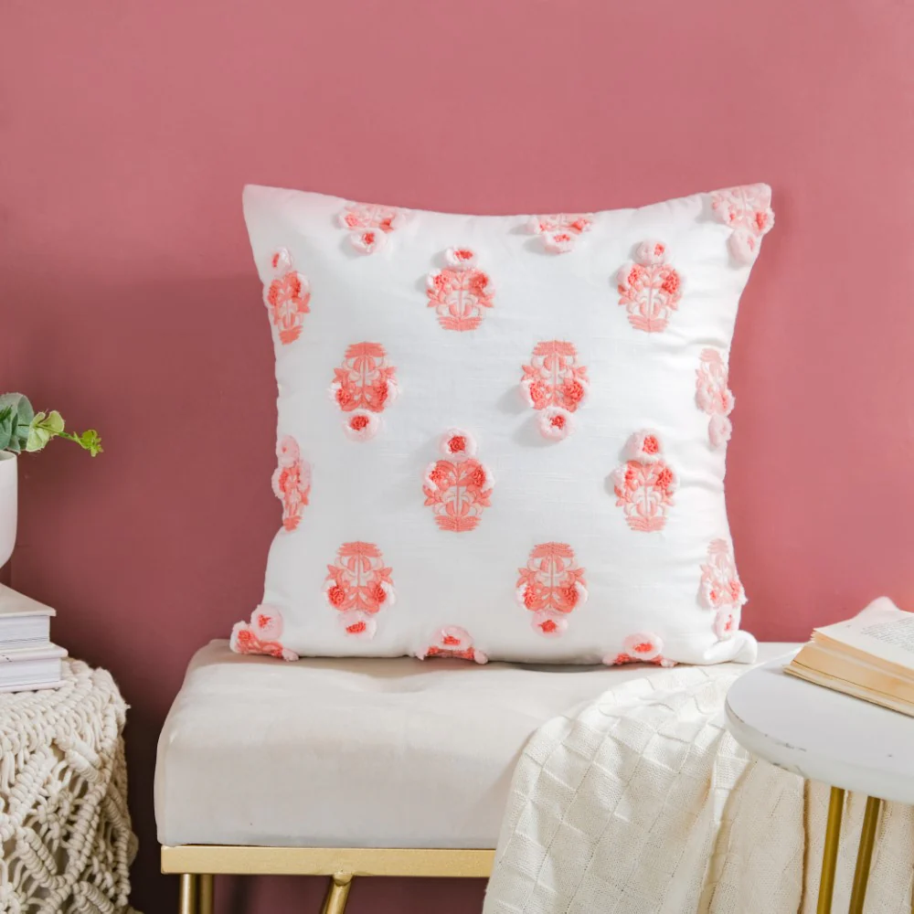 Floral Motif Cotton Cushion Cover Peach 16 inch - Image 3