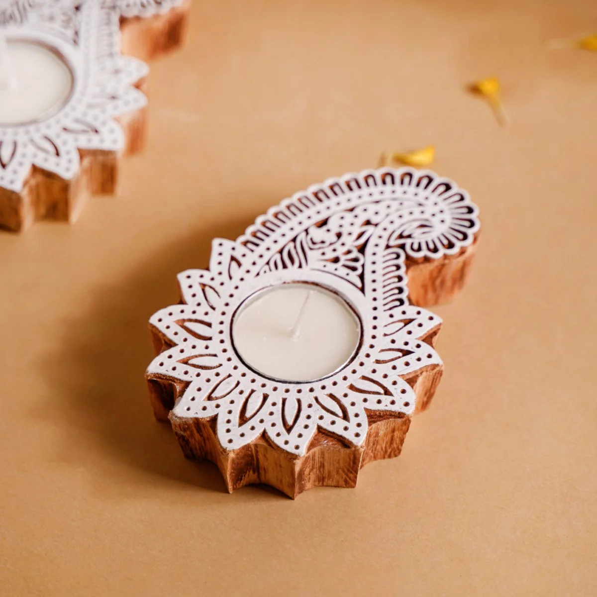 Floral Paisley Decorative Wooden Block Candle Holder Set Of 2 - Image 8