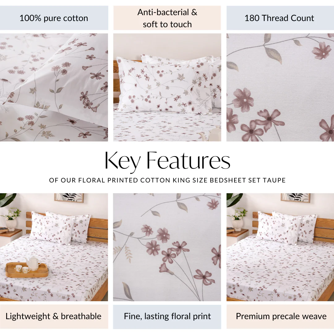 Floral Printed 180 TC Pure Soft Cotton King Size Night Bedsheet Set Taupe 275x275 cm - Image 4