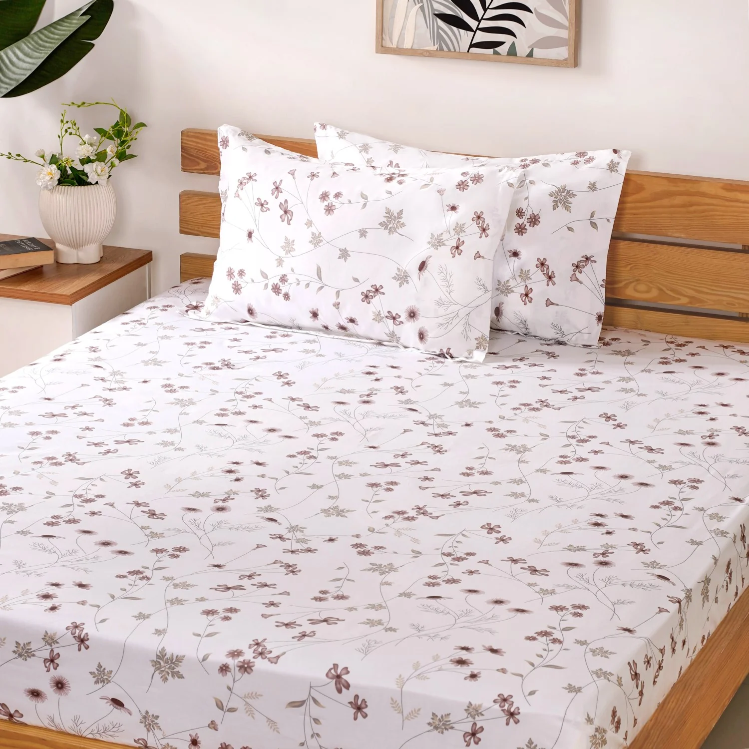 Floral Printed 180 TC Pure Soft Cotton King Size Night Bedsheet Set Taupe 275x275 cm - Image 7