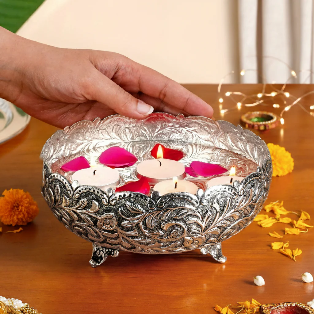 Floral Pure Brass Urli With Silver Polish 17cm - Image 2