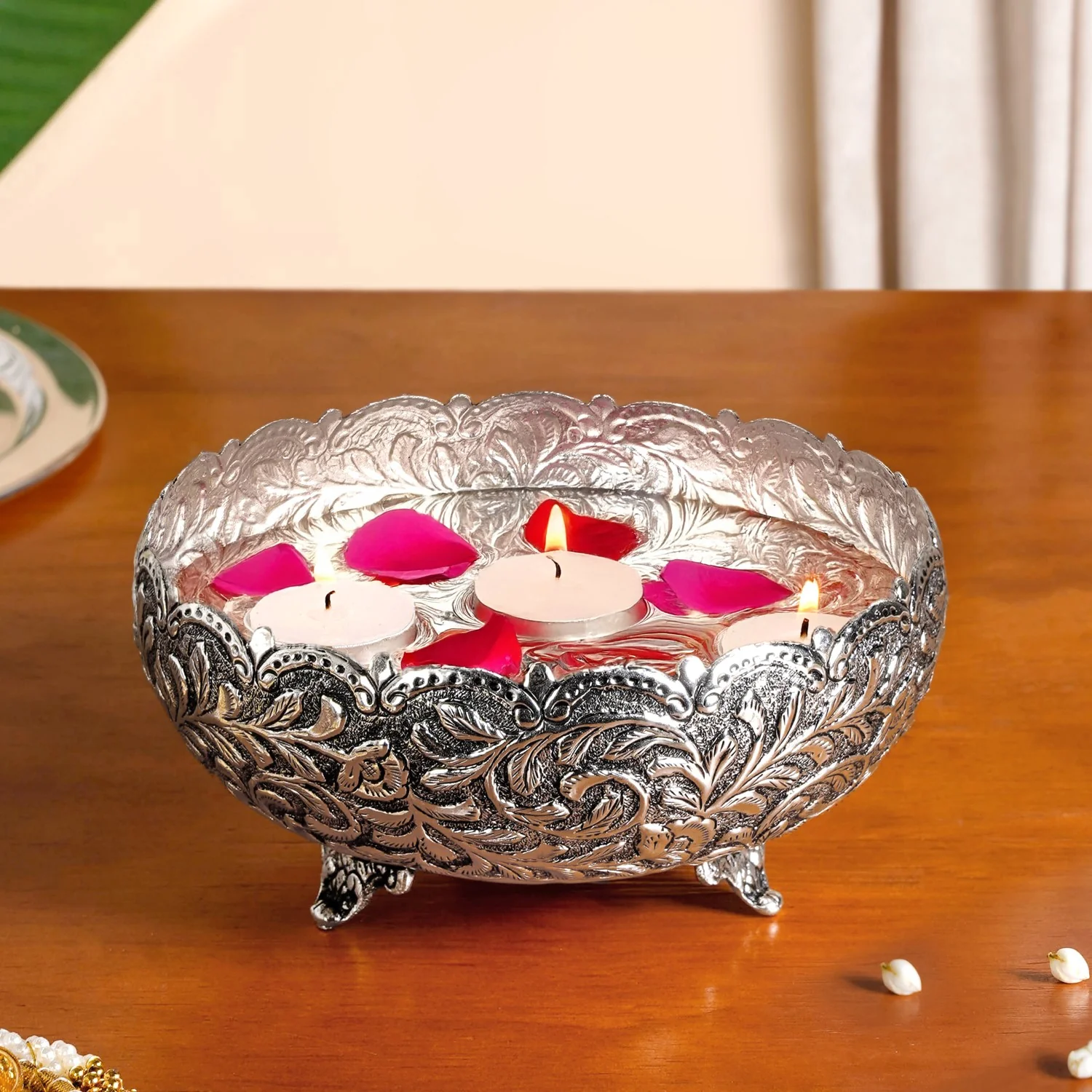 Floral Pure Brass Urli With Silver Polish 17cm - Image 9