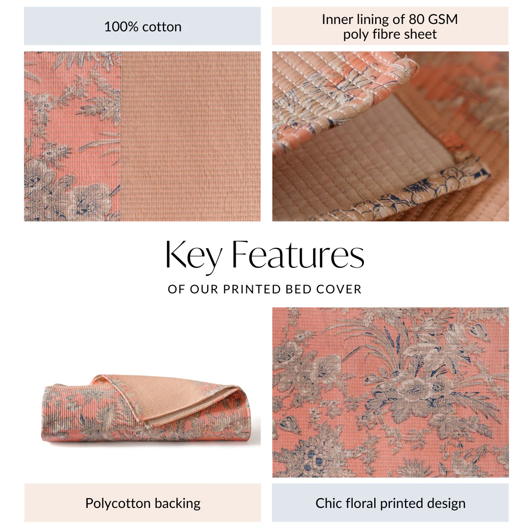 Floral Quilted Cotton King Size Bed Cover Peach Pink 102x93 Inch - Image 7