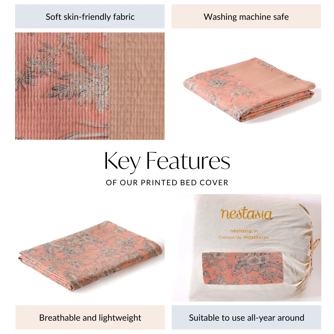 Floral Quilted Cotton King Size Bed Cover Peach Pink 102x93 Inch - Image 8
