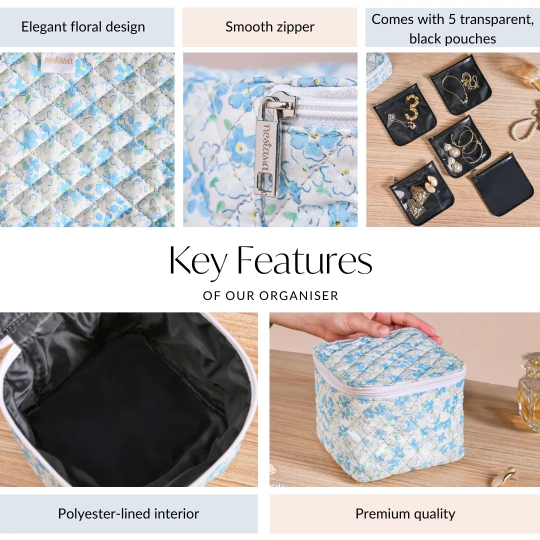 Floral Quilted Jewellery Storage Bag With Pouch Set Of 6 Blue - Image 5