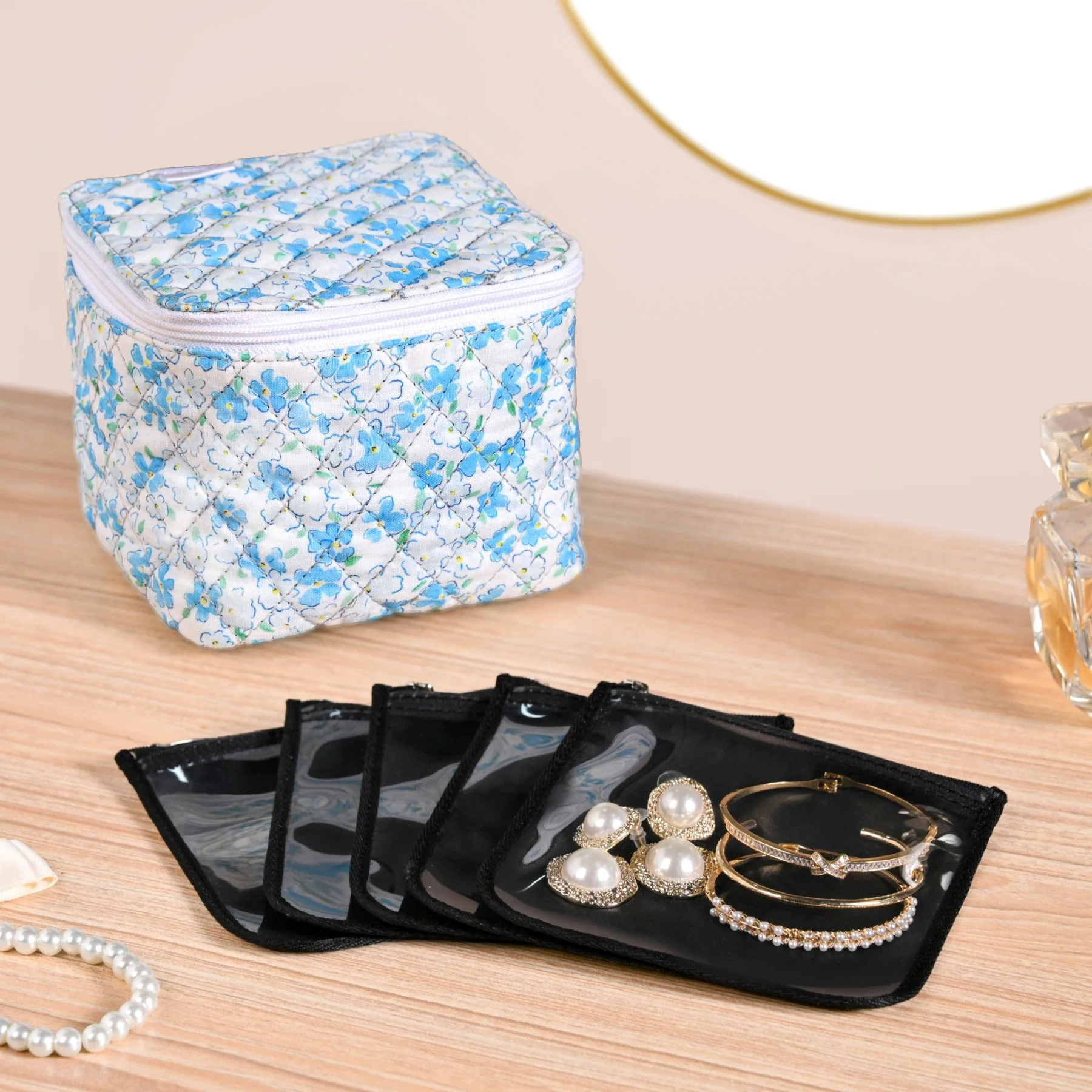 Floral Quilted Jewellery Storage Bag With Pouch Set Of 6 Blue - Image 8