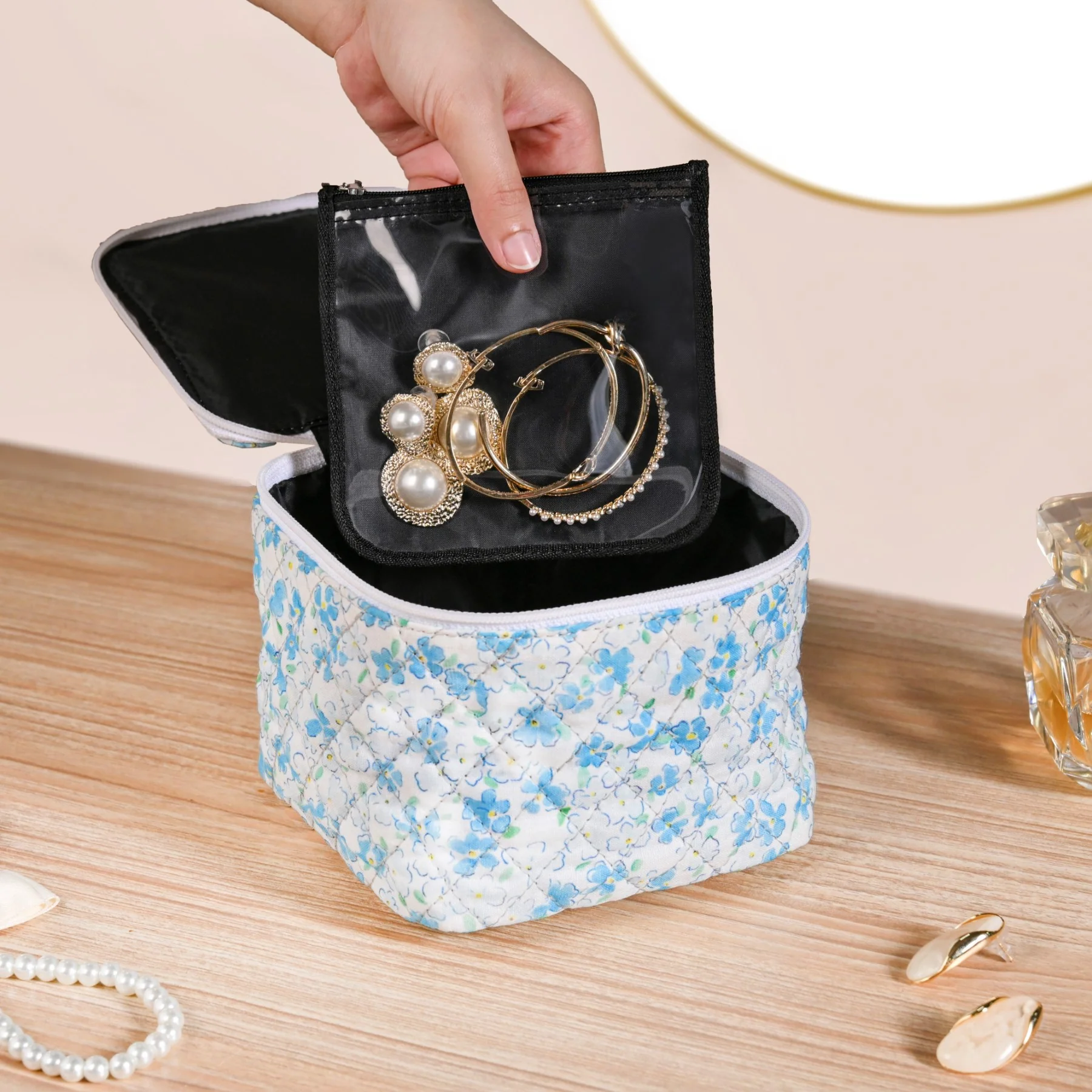 Floral Quilted Jewellery Storage Bag With Pouch Set Of 6 Blue - Image 9