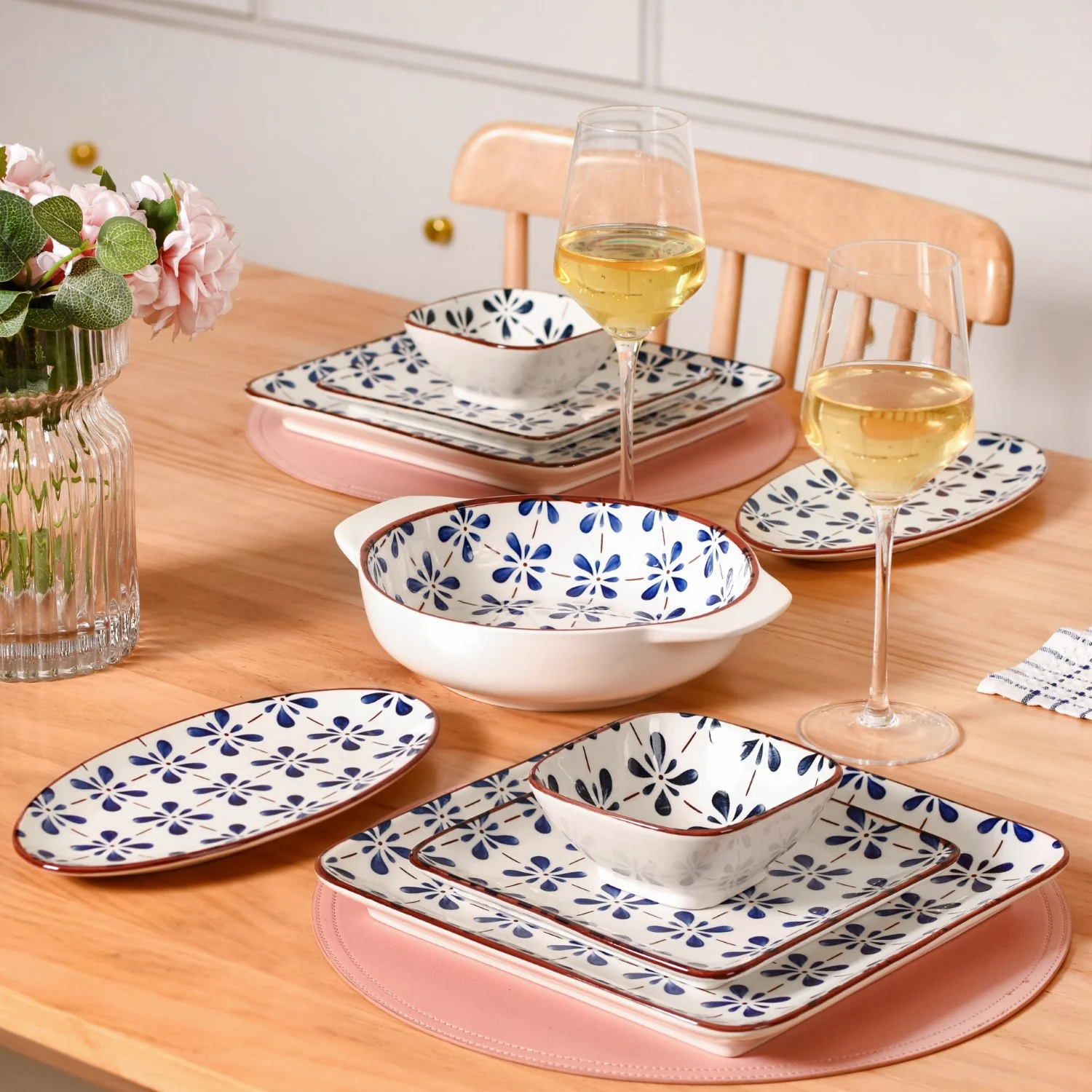 Floral Square Ceramic Bowls Set Of 4 Blue 300ml - Image 10