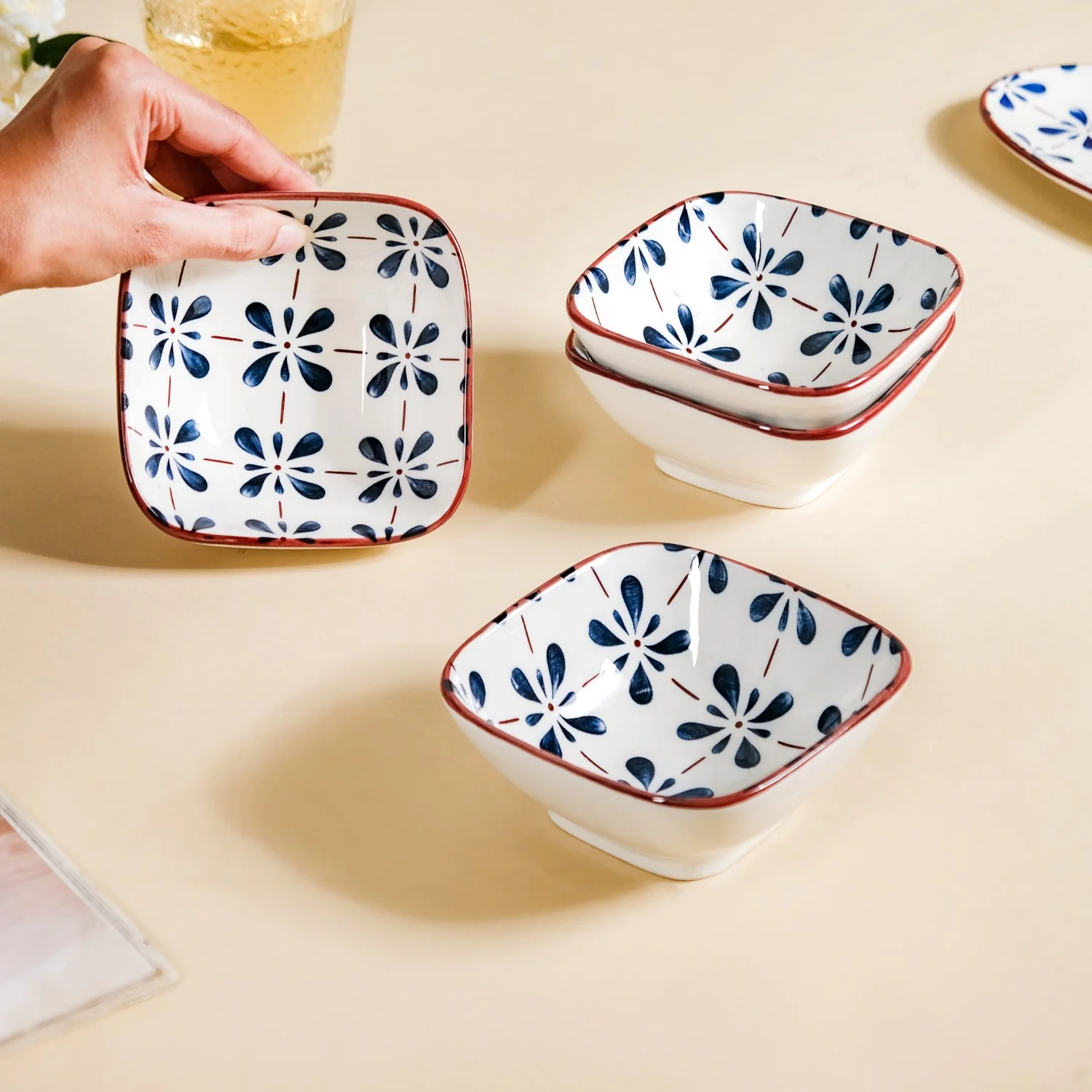Floral Square Ceramic Bowls Set Of 4 Blue 300ml - Image 2