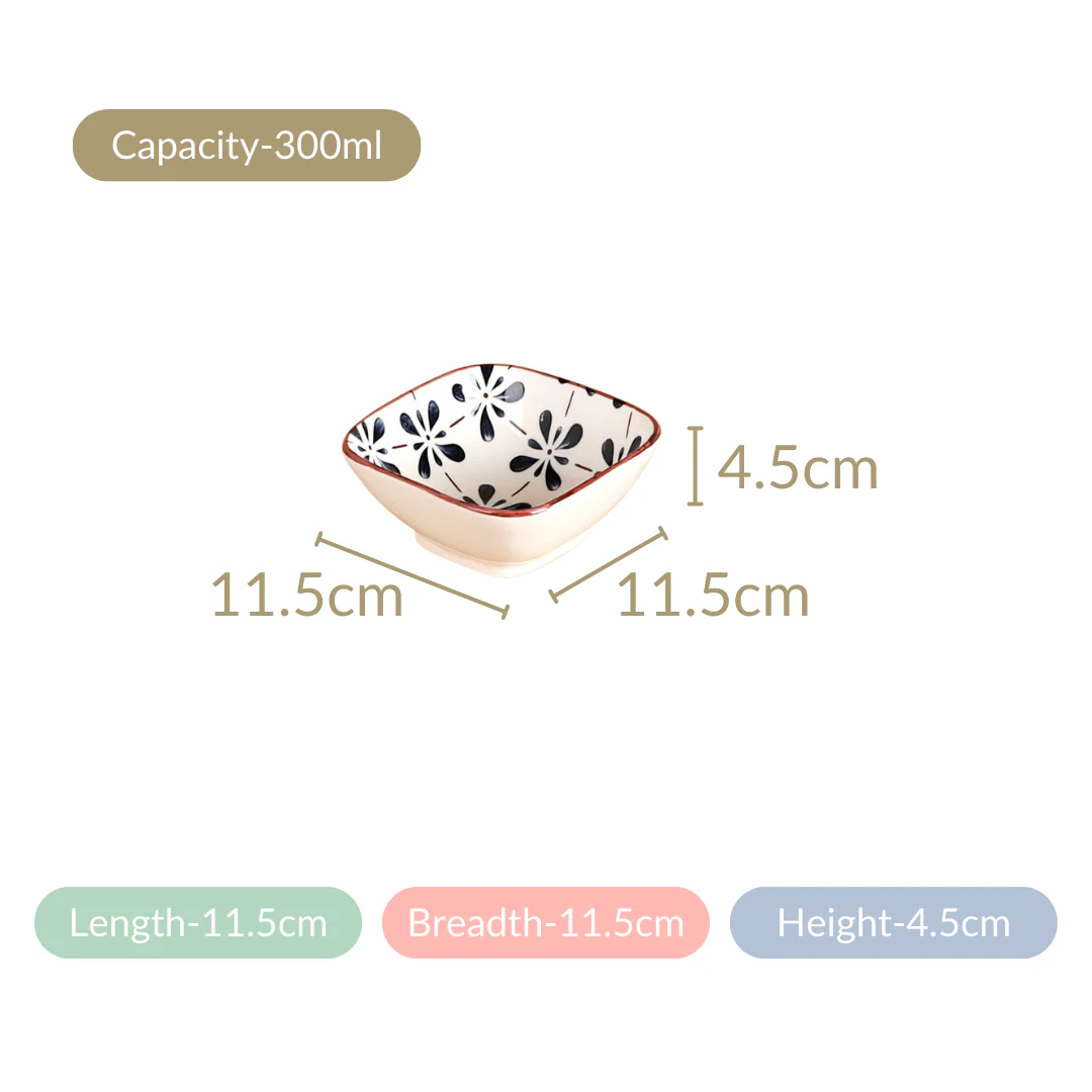 Floral Square Ceramic Bowls Set Of 4 Blue 300ml - Image 3