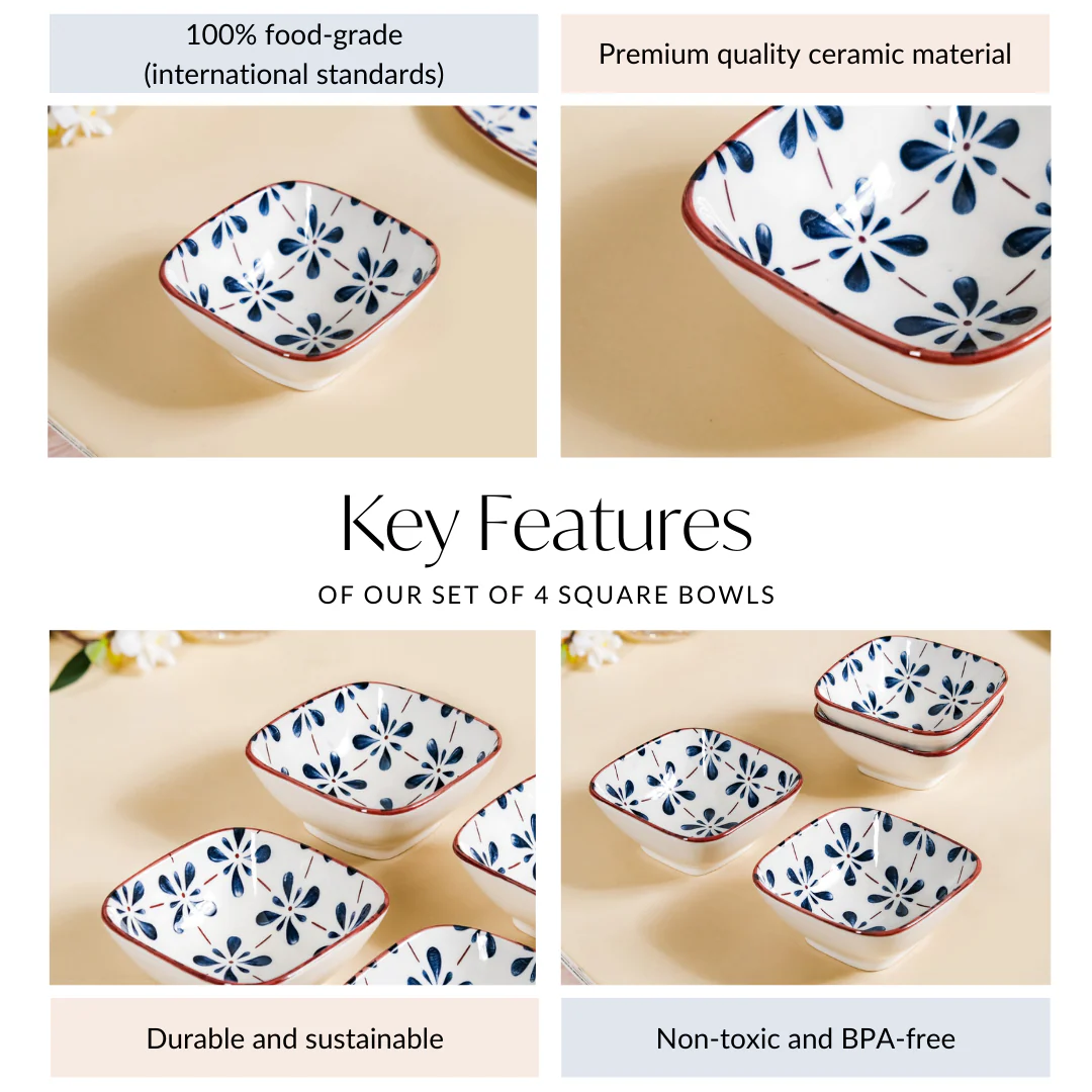 Floral Square Ceramic Bowls Set Of 4 Blue 300ml - Image 4