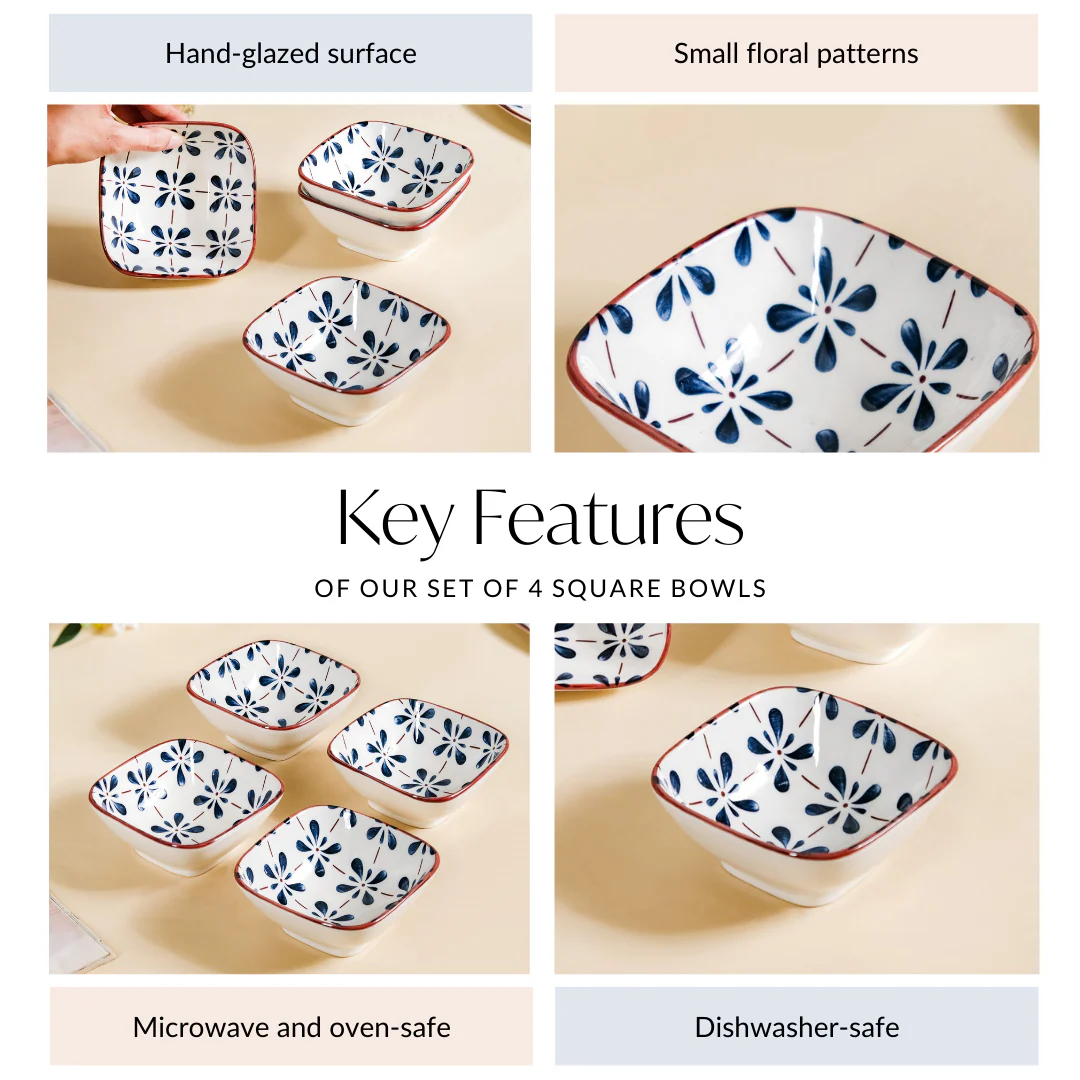 Floral Square Ceramic Bowls Set Of 4 Blue 300ml - Image 5