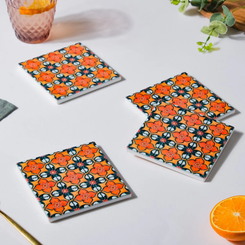 Floral Zellij Square Ceramic Coaster Orange Set of 4 - Image 3