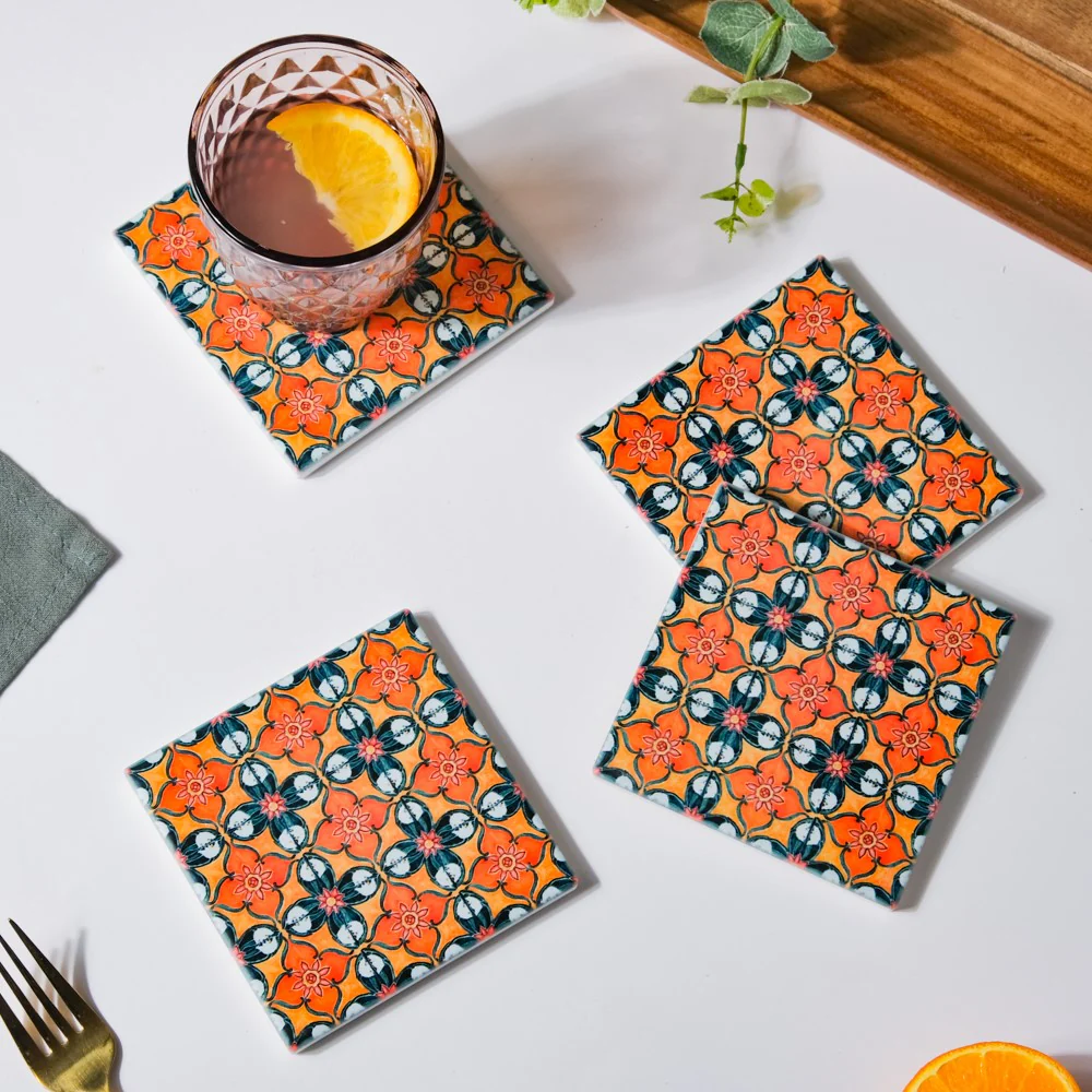 Floral Zellij Square Ceramic Coaster Orange Set of 4 - Image 4
