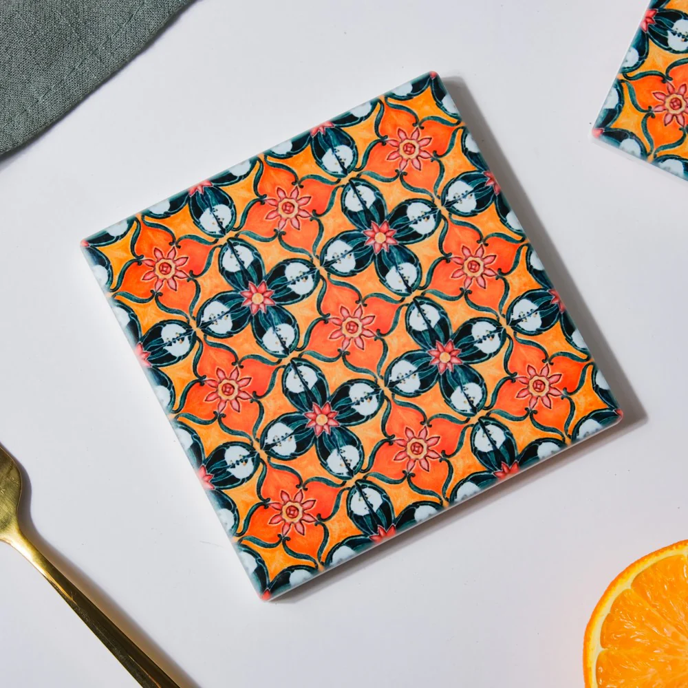 Floral Zellij Square Ceramic Coaster Orange Set of 4 - Image 6