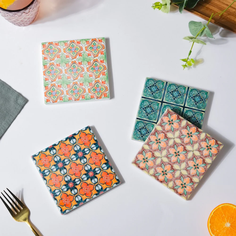 Floral Zellij Square Ceramic Coaster Orange Set of 4 - Image 8