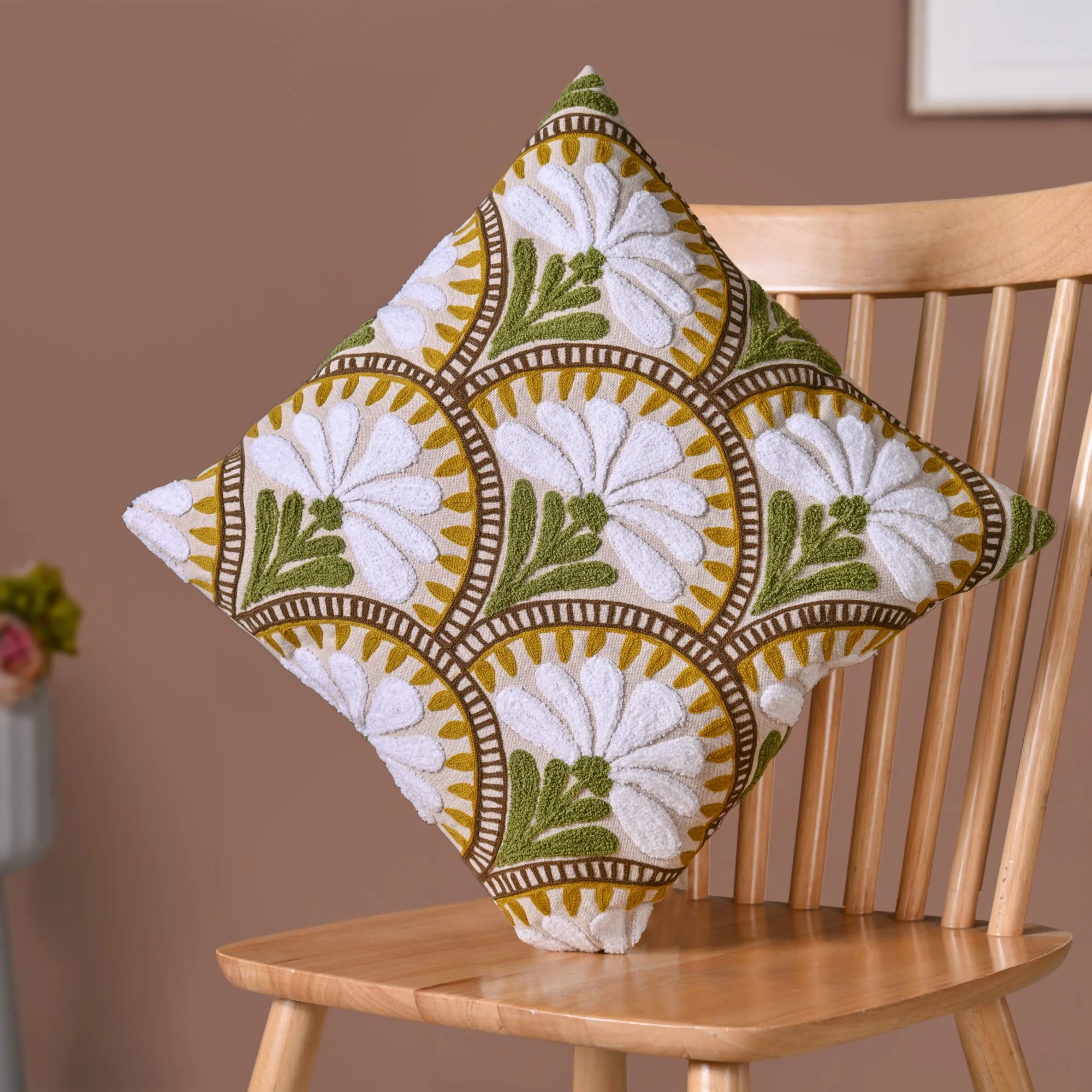 Flower Arches Embroidered Cushion Cover Beige 40x40cm - Image 2