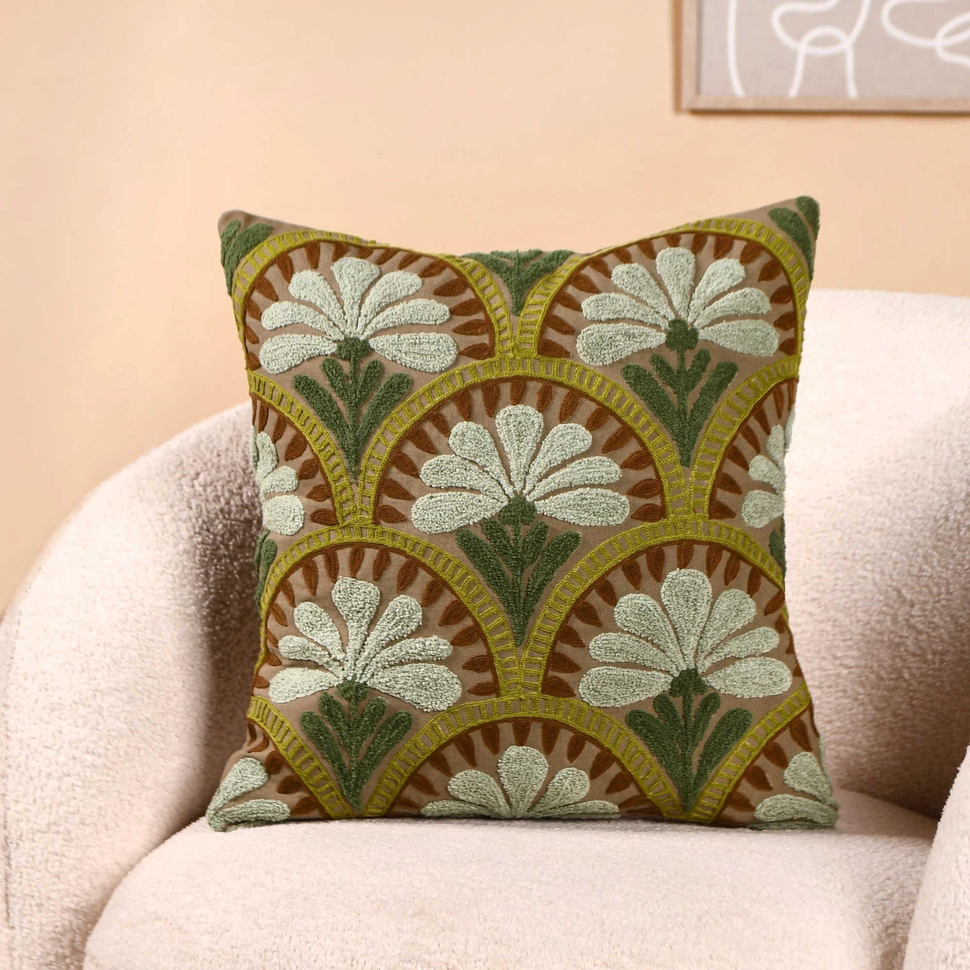 Flower Arches Embroidered Cushion Cover Green 40x40cm - Image 2