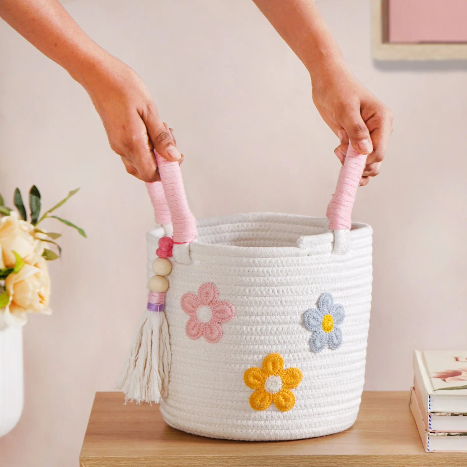 Flower Basket With Pink Handles 19cm - Image 3