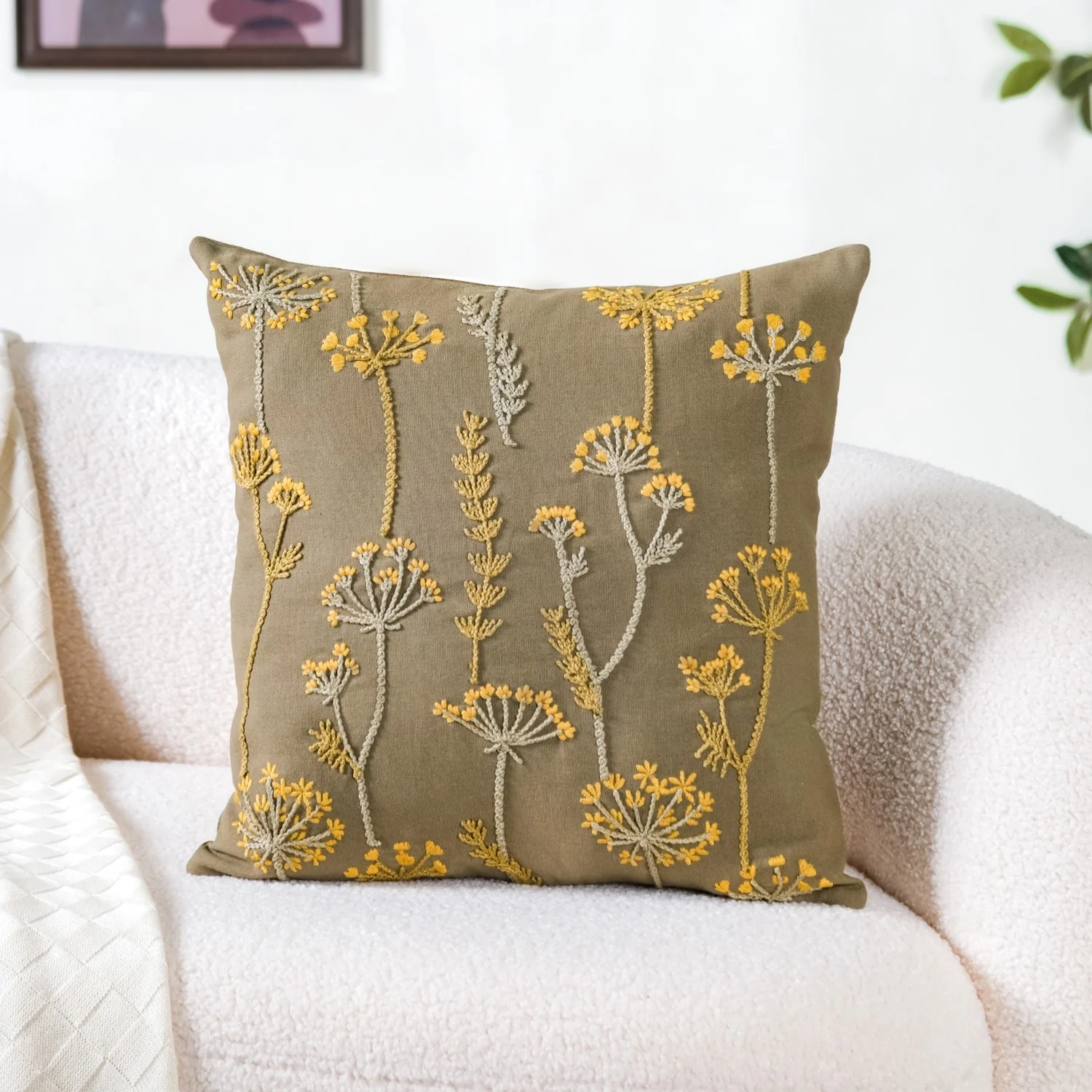 Flower Embroidered Couch Cushion Cover 16x16 Inch - Image 2