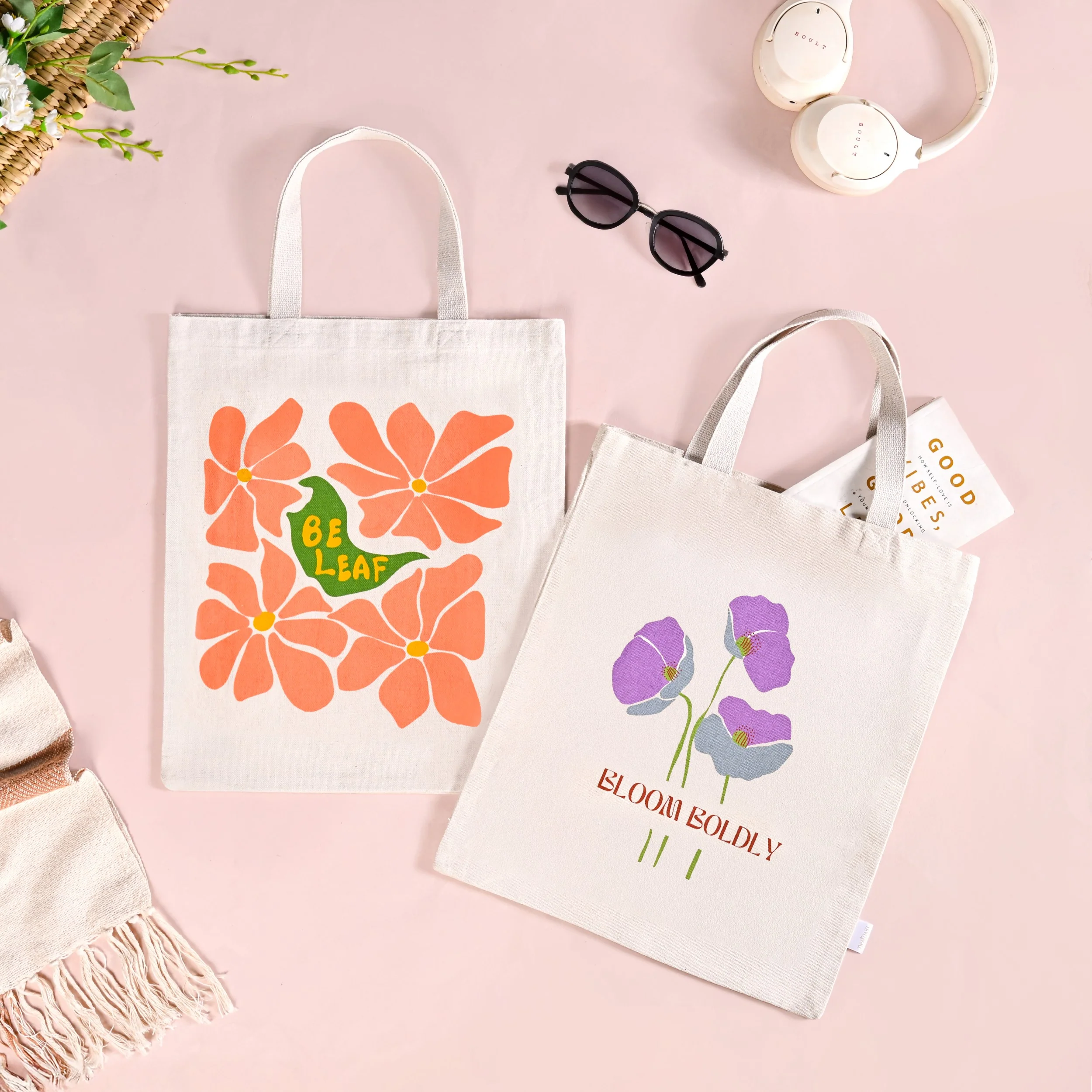 Flower Power Reusable Printed Canvas Tote Bag Set Of 2