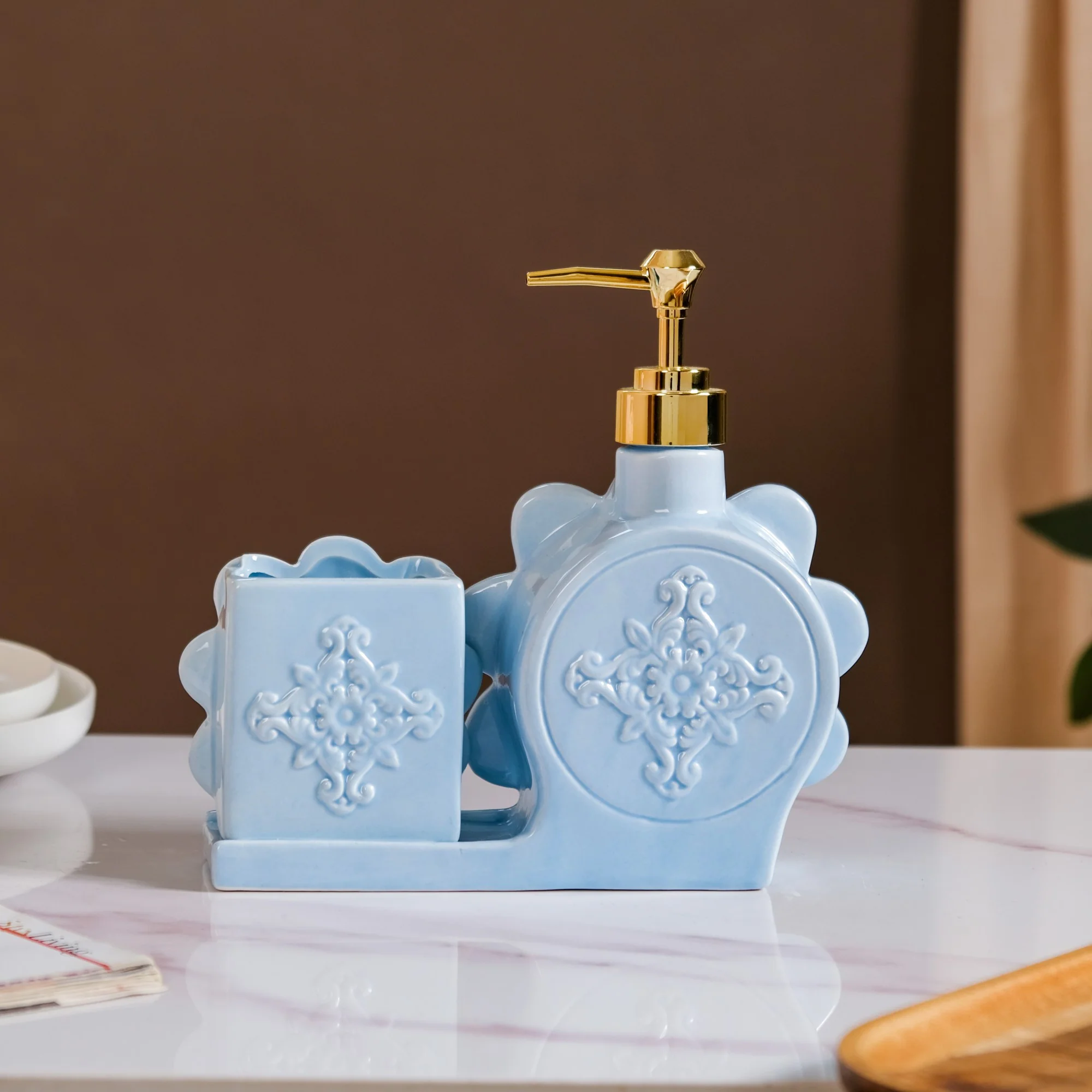 Flower Soap Dispenser With Holder Ceramic Blue - Image 6