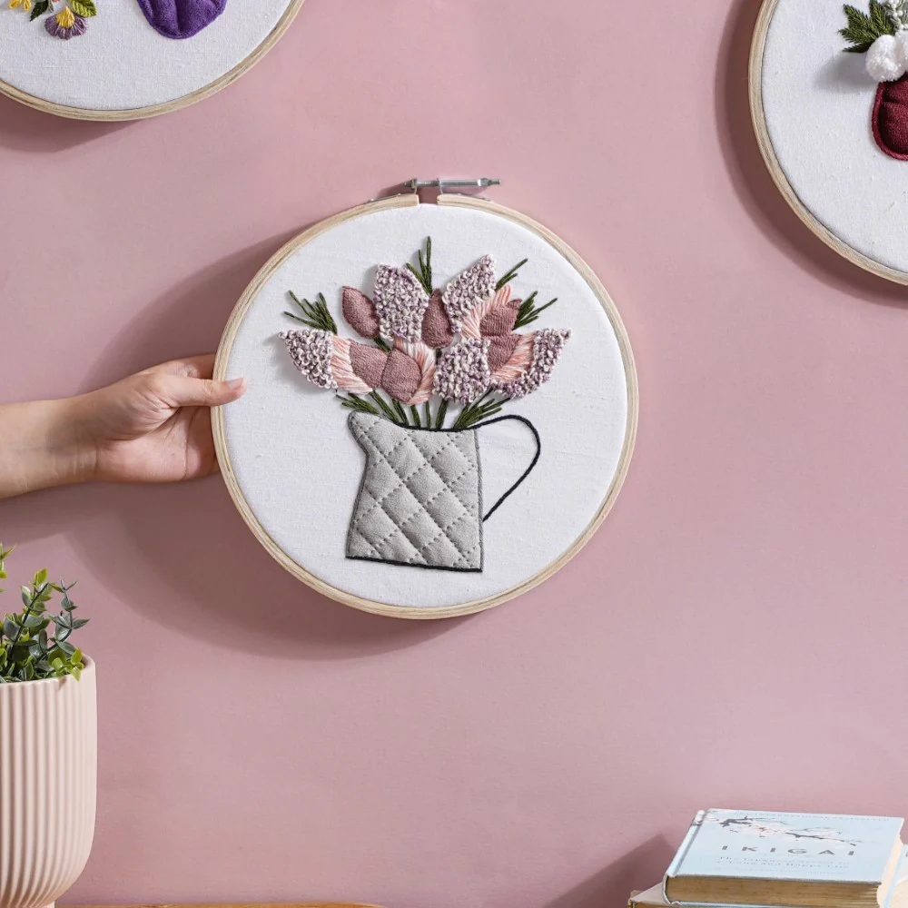 Flower Vase Hand Embroidered Hoop Wall Hanging 10 Inch - Image 2