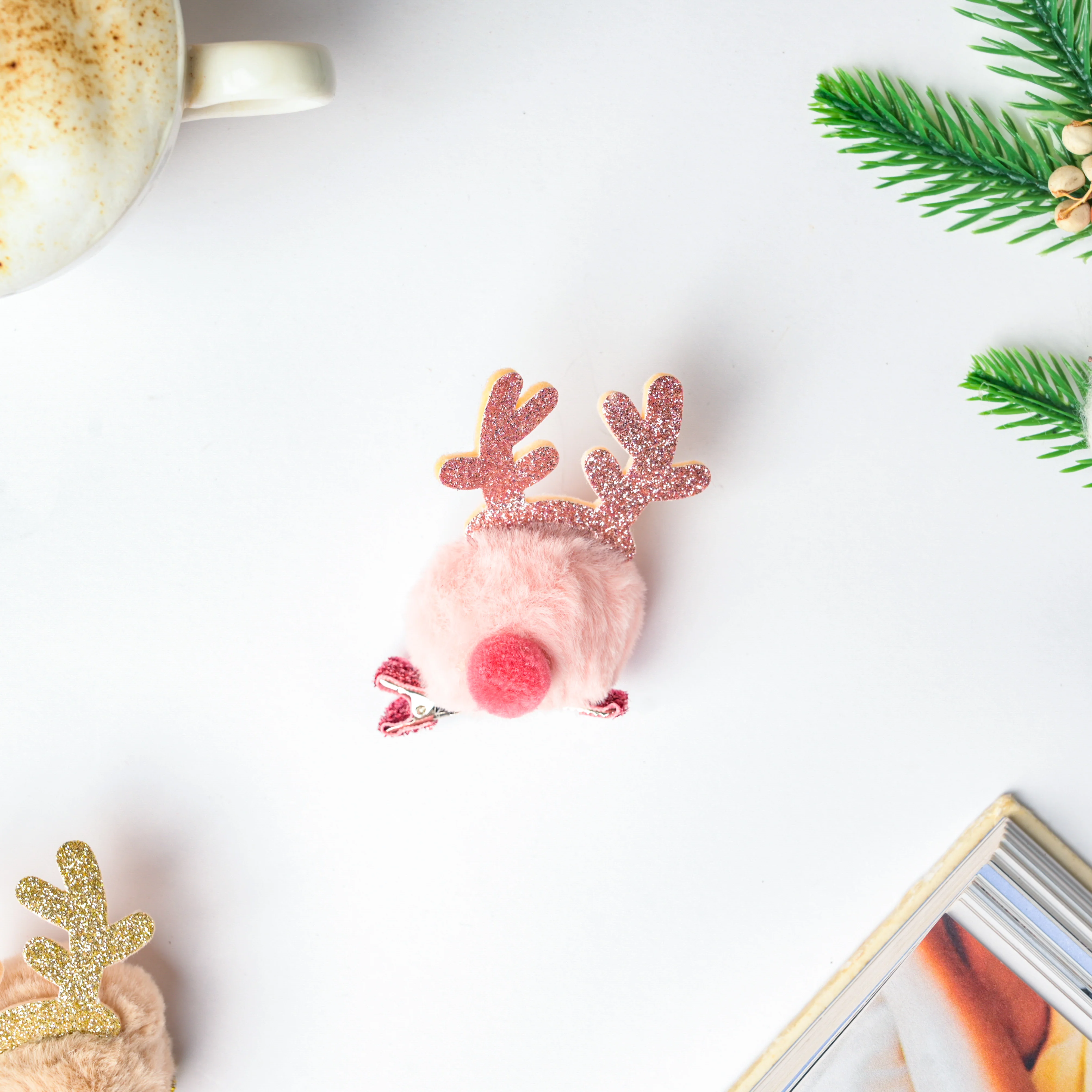 Fluffy Reindeer Hairpin Baby Pink - Image 5