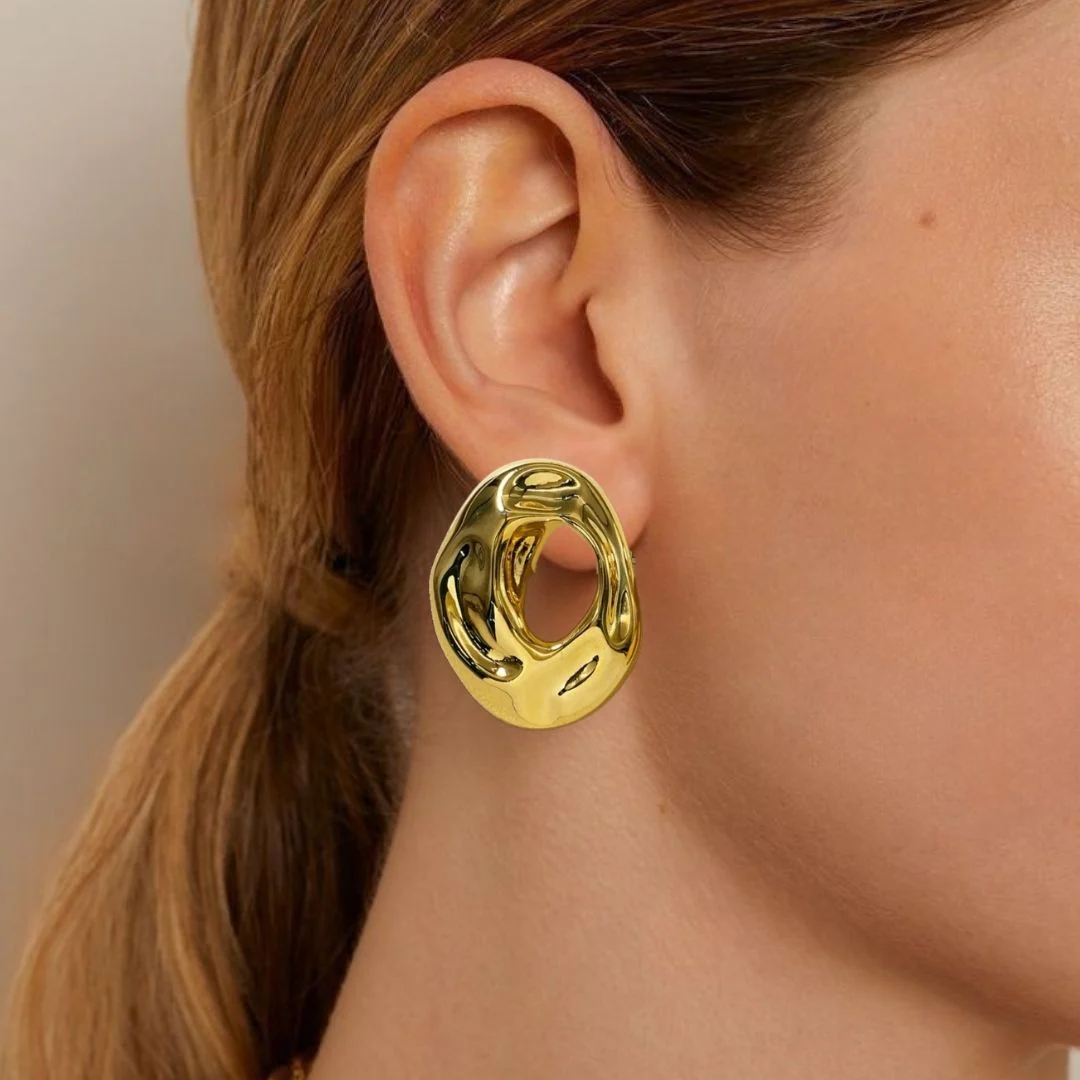 Fluid Hollow Oval Gold Statement Earrings - Image 2