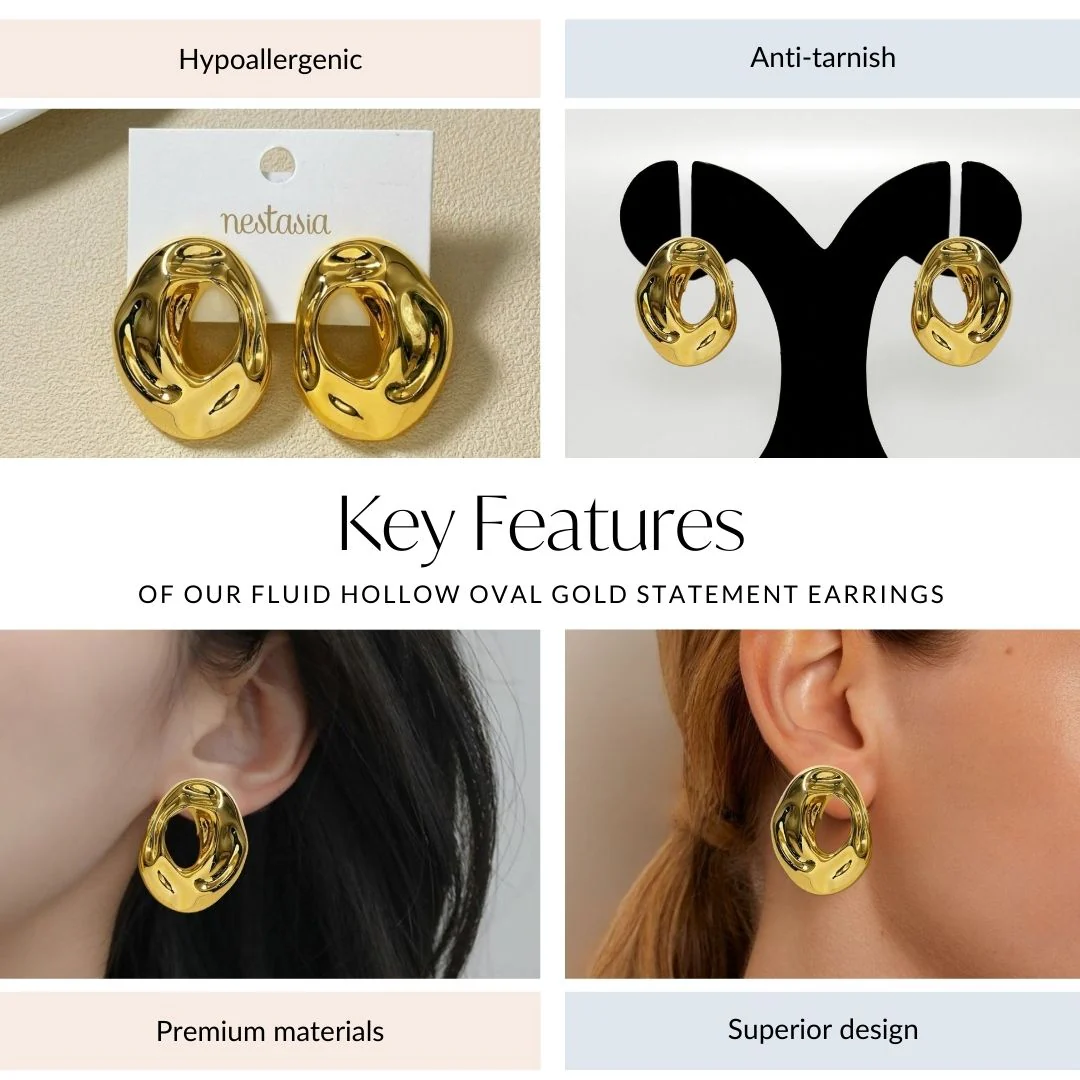 Fluid Hollow Oval Gold Statement Earrings - Image 4