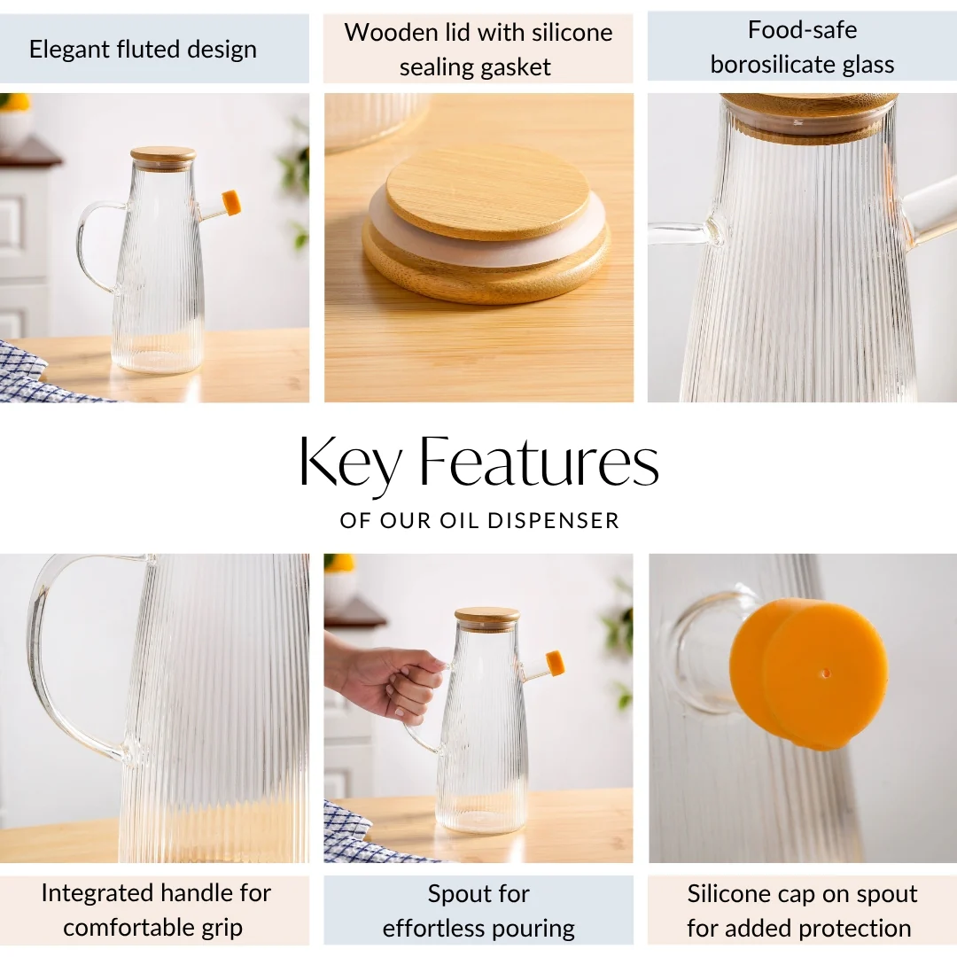 Fluted Cooking Oil Dispenser Bottle With Wooden Lid 1000ml - Image 4