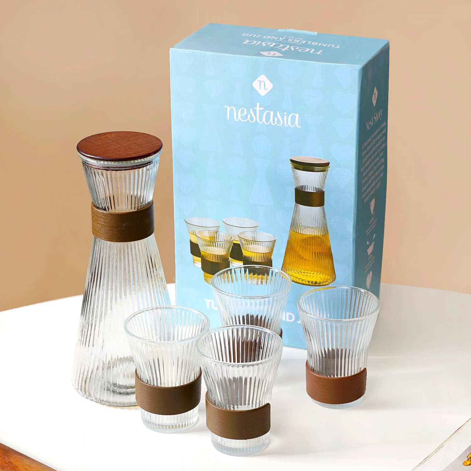 Fluted Glass Carafe Jug With Tumblers - Image 10